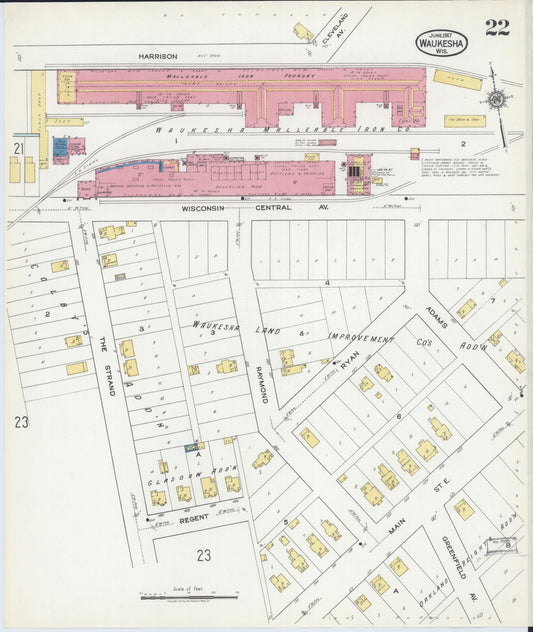 Sanborn Fire Insurance Map from Waukesha, Waukesha County, Wisconsin (1917), Sheet #0022 - Historic Sanborn Fire Insurance Map Print, vintage old map wall art, antique decor, genealogy gift, Wisconsin Wisconsin map