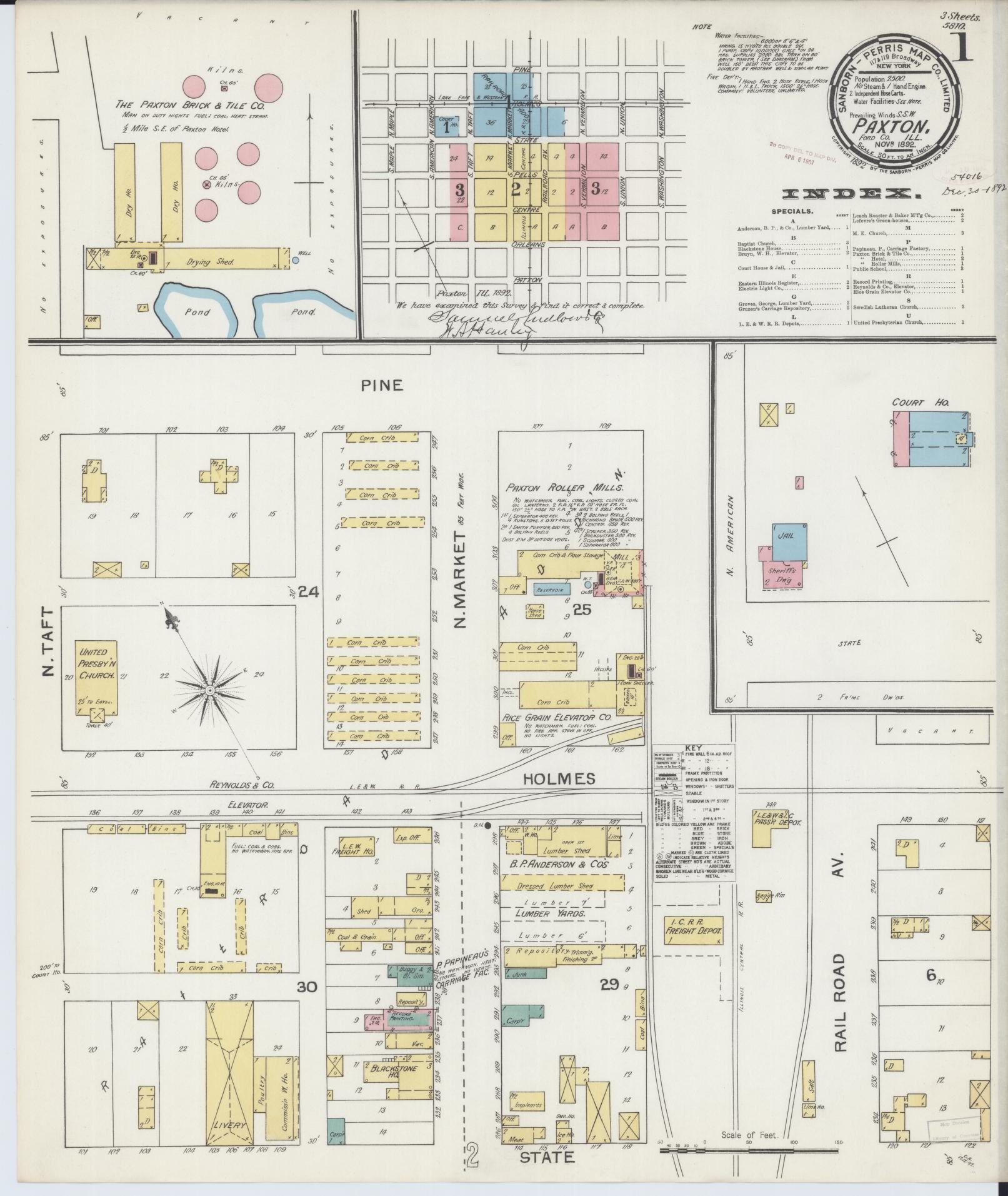 Sanborn Fire Insurance Map from Paxton, Ford County, Illinois (1892), Sheet #0001 - Complete Map Set gallery image, historic Sanborn map, vintage wall art, Illinois Illinois