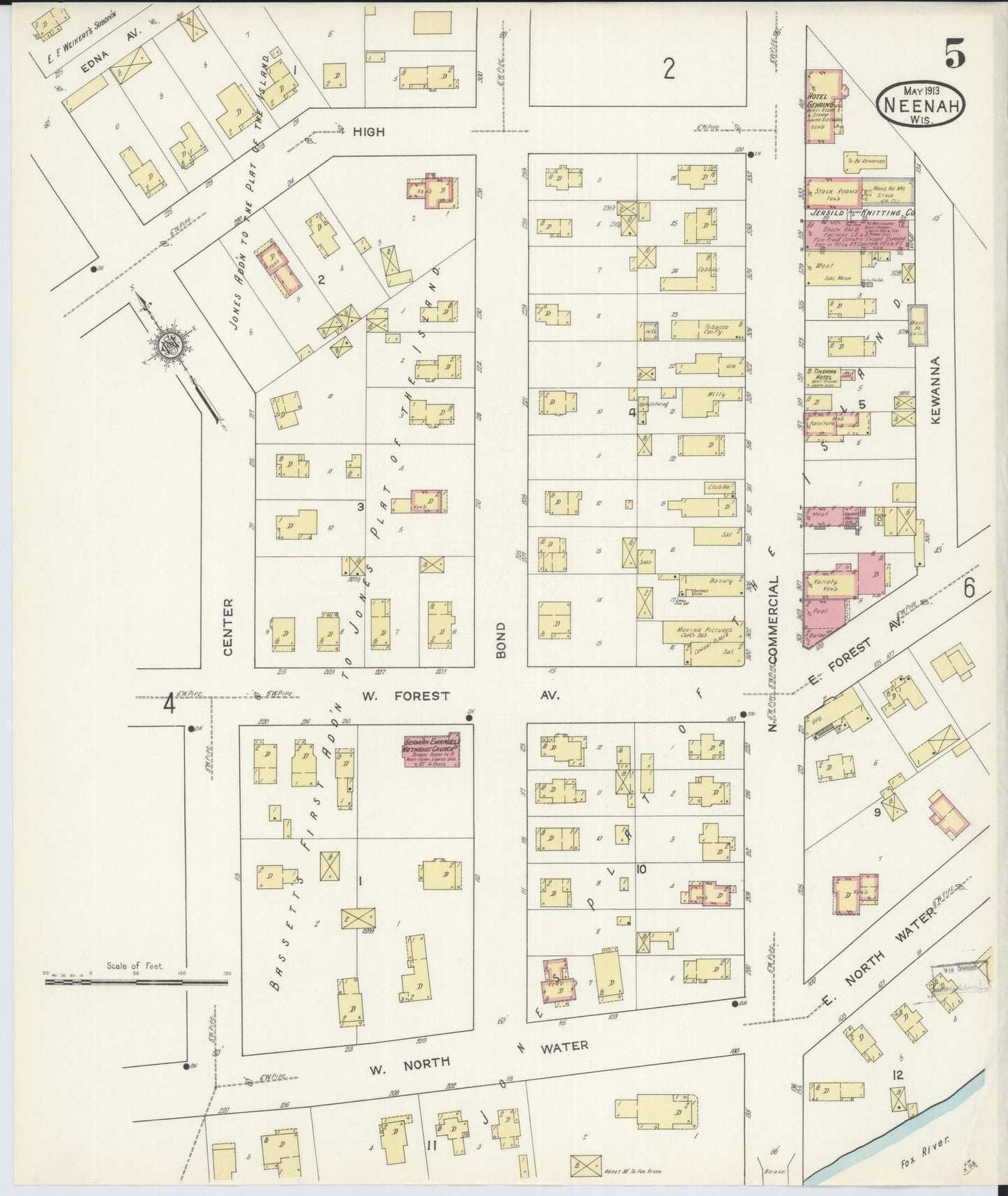 Sanborn Fire Insurance Map from Neenah, Winnebago County, Wisconsin (1913), Sheet #0005 - Historic Sanborn Fire Insurance Map Print, vintage old map wall art, antique decor, genealogy gift, Wisconsin Wisconsin map