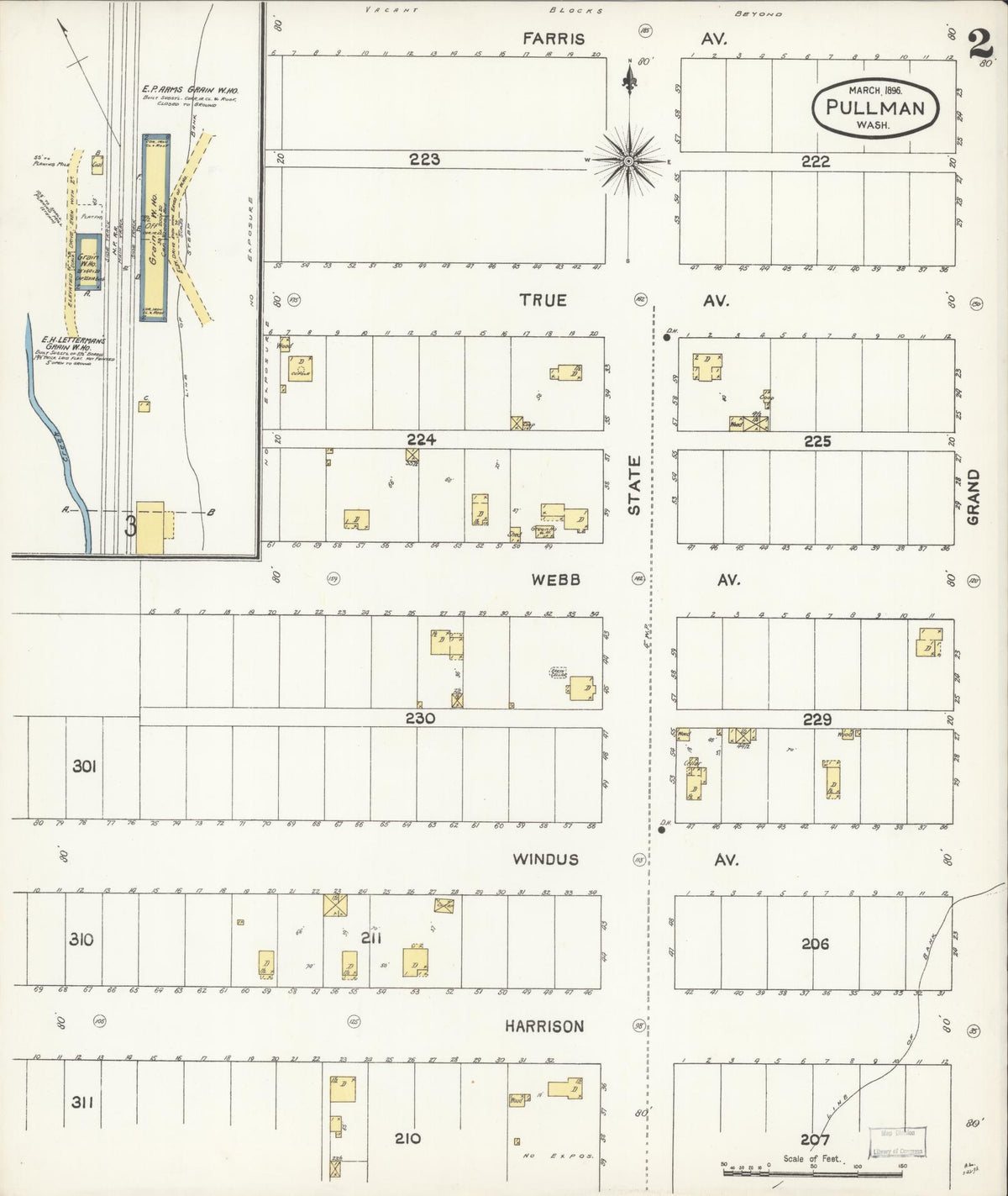 Sanborn Fire Insurance Map from Pullman, Whitman County, Washington (1896), Sheet #0002 - Historic Sanborn Fire Insurance Map Print, vintage old map wall art, antique decor, genealogy gift, Washington Washington map