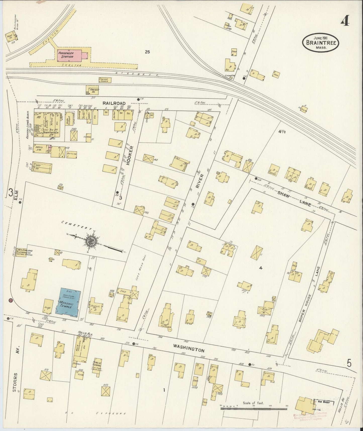 Sanborn Fire Insurance Map from Braintree, Norfolk County, Massachusetts (1911), Sheet #0004 - Complete Map Set gallery image, historic Sanborn map, vintage wall art, Massachusetts Massachusetts