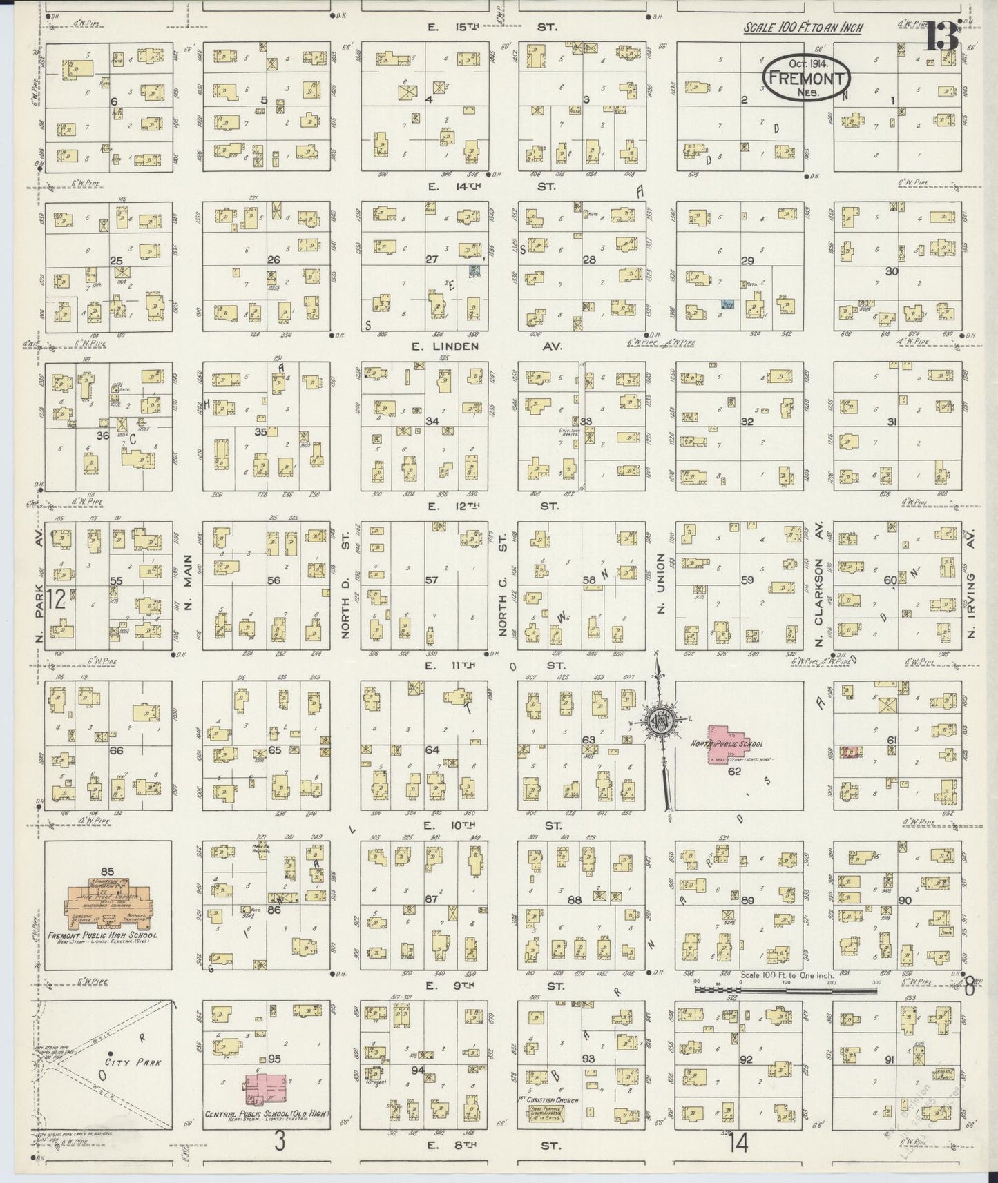 Sanborn Fire Insurance Map from Fremont, Dodge County, Nebraska (1914), Sheet #0013 - Complete Map Set gallery image, historic Sanborn map, vintage wall art, Nebraska Nebraska