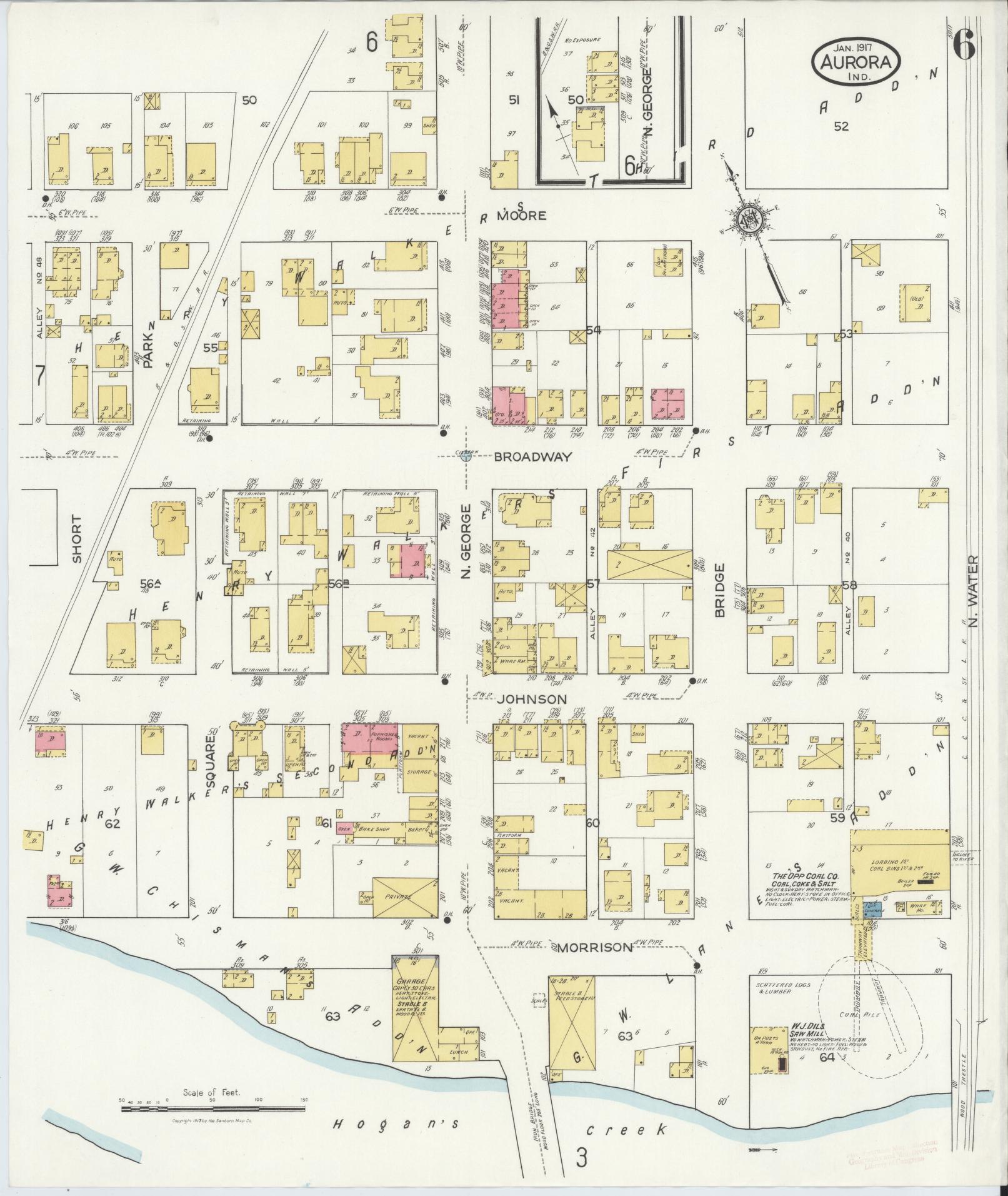 Sanborn Fire Insurance Map from Aurora, Dearborn County, Indiana (1917), Sheet #0006 - Complete Map Set gallery image, historic Sanborn map, vintage wall art, Indiana Indiana