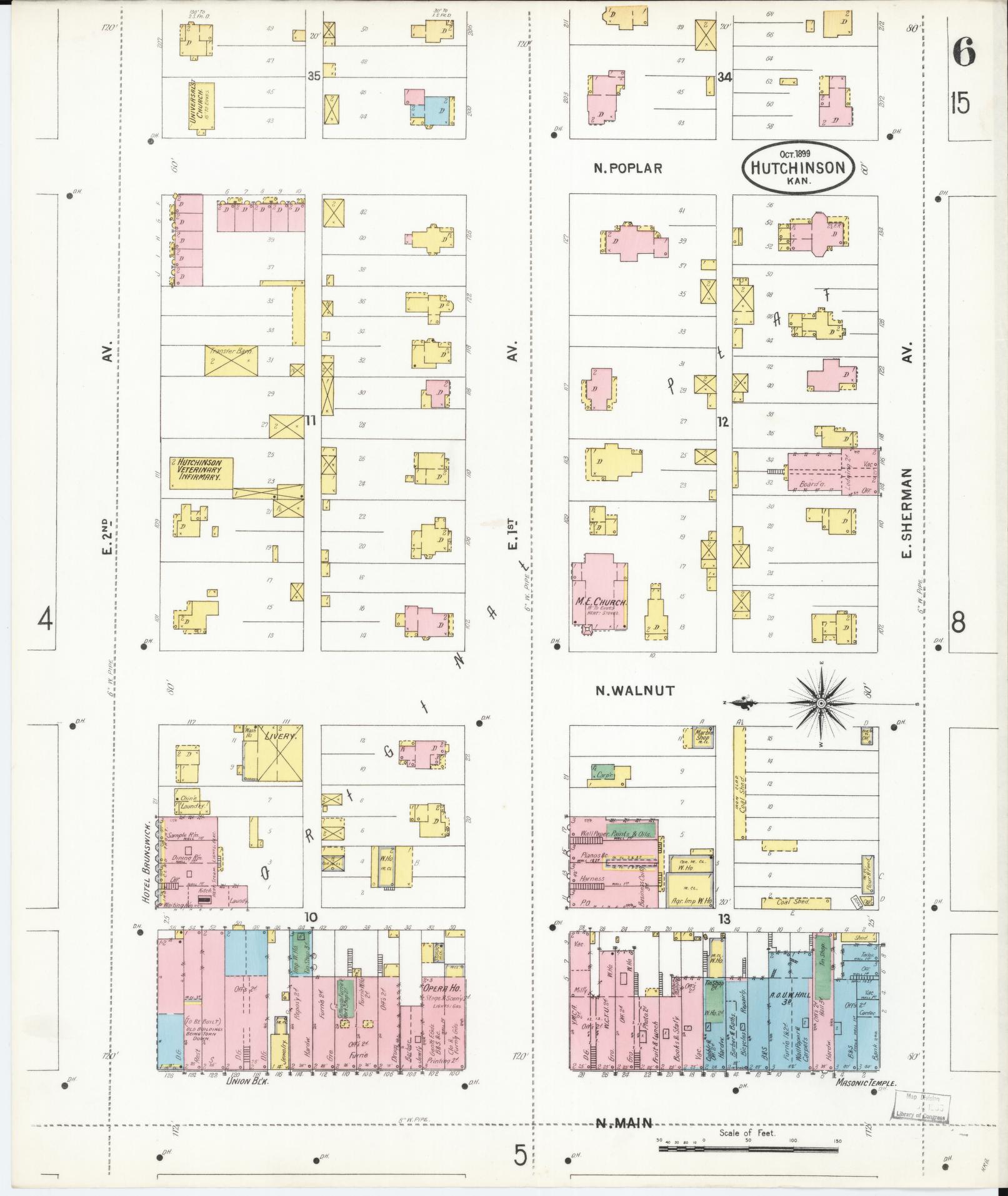 Sanborn Fire Insurance Map from Hutchinson, Reno County, Kansas (1899), Sheet #0006 - Historic Sanborn Fire Insurance Map Print, vintage old map wall art, antique decor, genealogy gift, Kansas Kansas map