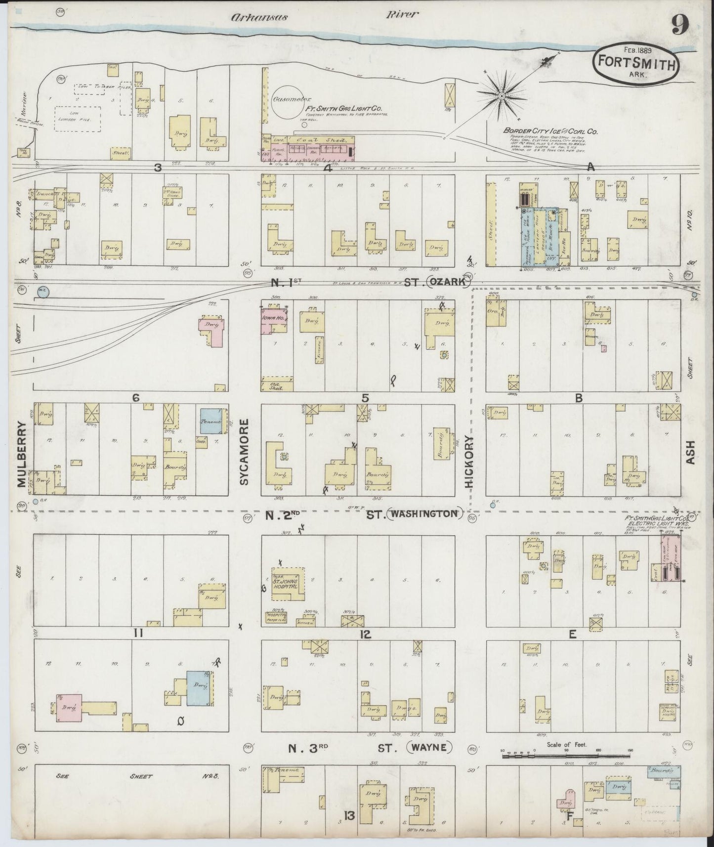 Sanborn Fire Insurance Map from Fort Smith, Sebastian County, Arkansas (1889), Sheet #0009 - Historic Sanborn Fire Insurance Map Print, vintage old map wall art, antique decor, genealogy gift, Arkansas Arkansas map