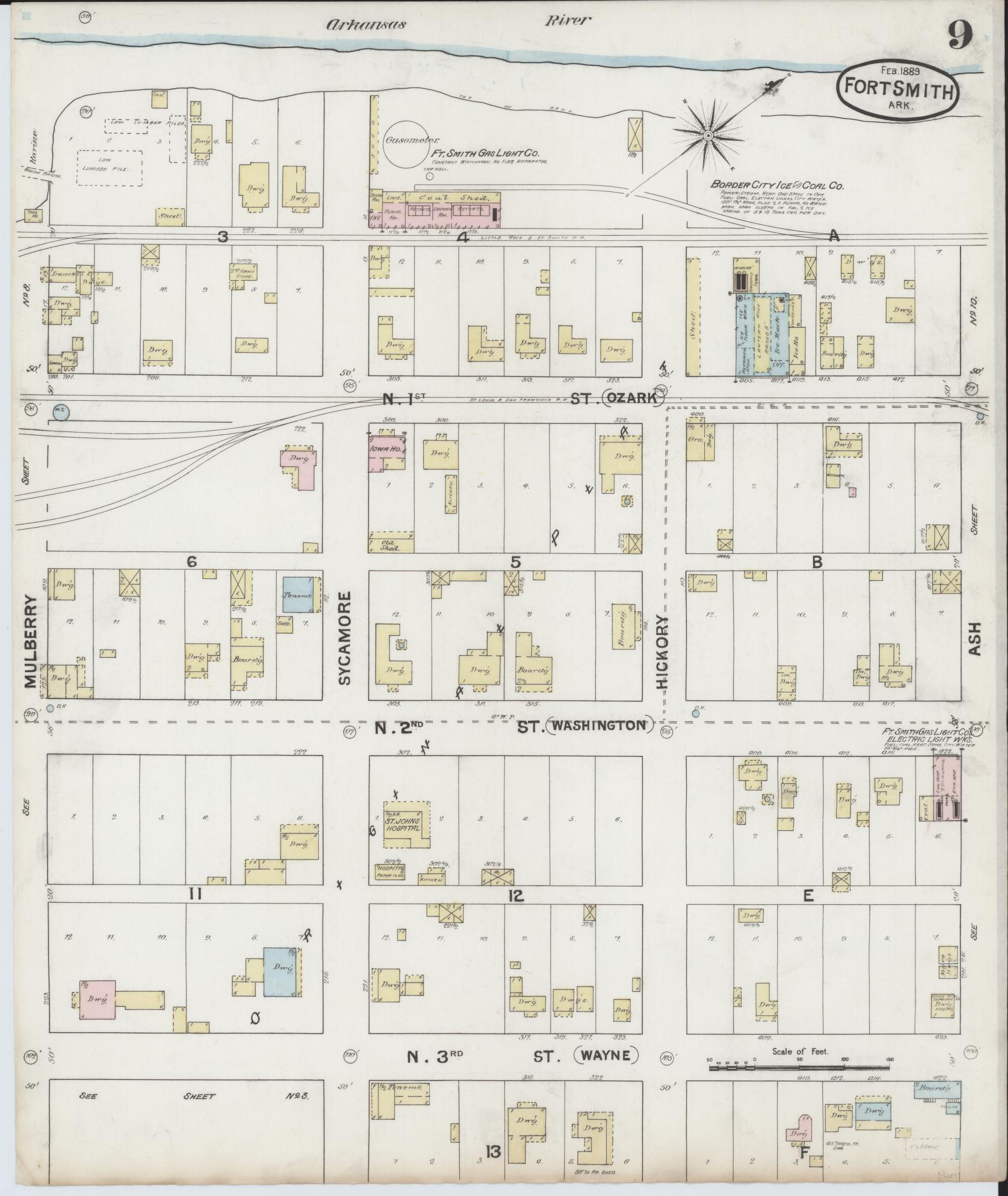 Sanborn Fire Insurance Map from Fort Smith, Sebastian County, Arkansas (1889), Sheet #0009 - Historic Sanborn Fire Insurance Map Print, vintage old map wall art, antique decor, genealogy gift, Arkansas Arkansas map