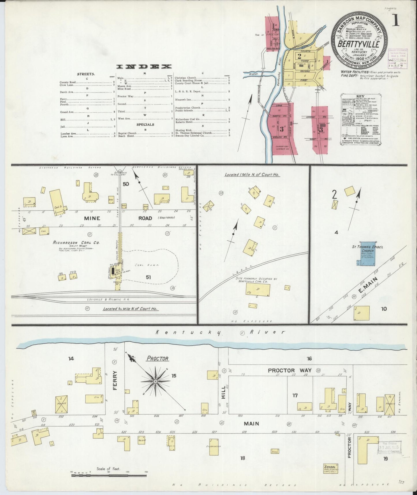 Sanborn Fire Insurance Map from Beattyville, Lee County, Kentucky (1908), Sheet #0001 - Complete Map Set gallery image, historic Sanborn map, vintage wall art, Kentucky Kentucky