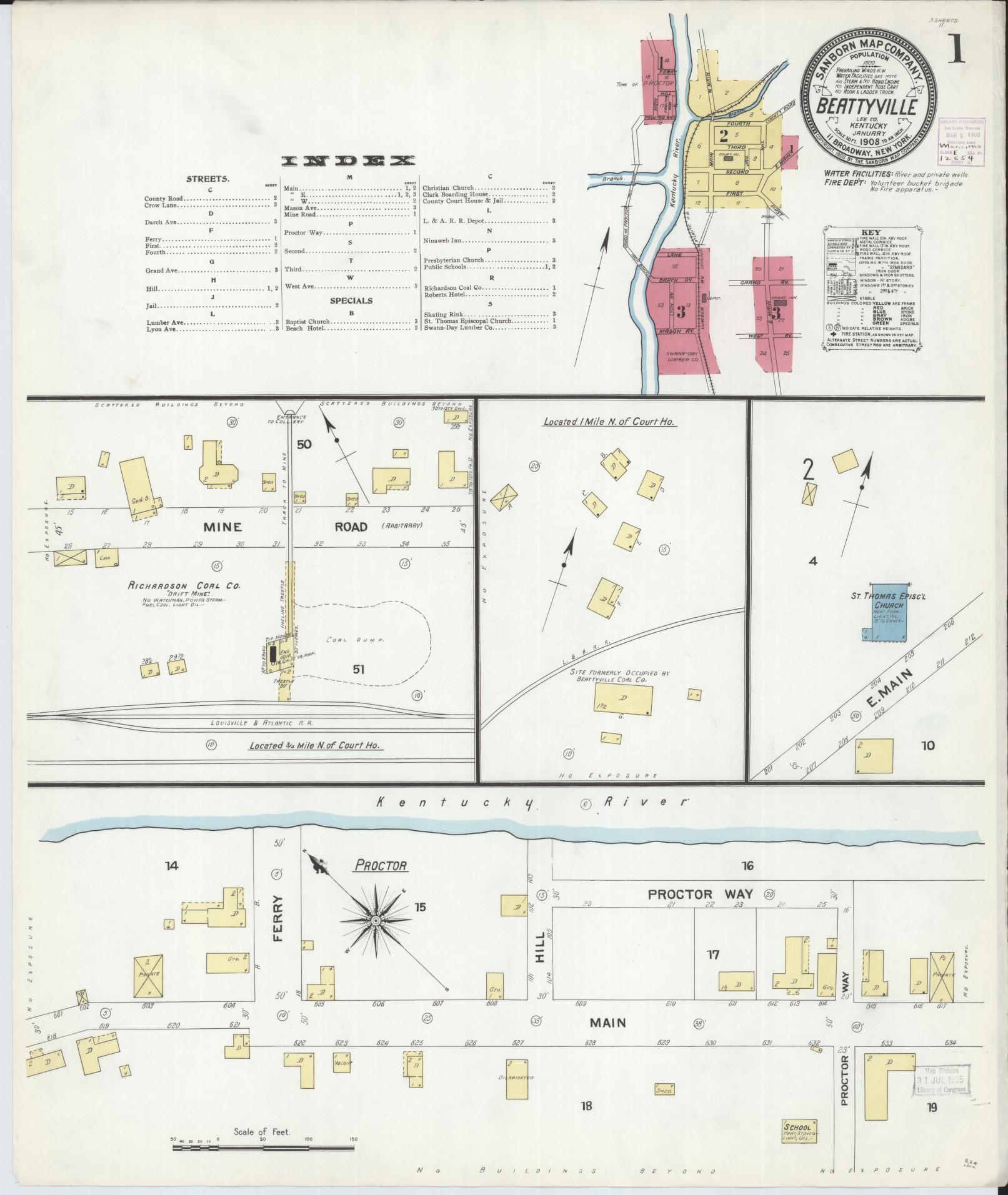 Sanborn Fire Insurance Map from Beattyville, Lee County, Kentucky (1908), Sheet #0001 - Complete Map Set gallery image, historic Sanborn map, vintage wall art, Kentucky Kentucky