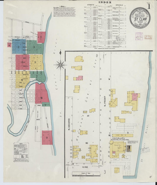 Sanborn Fire Insurance Map from Saint Clair, Saint Clair County, Michigan (1907), Sheet #0001 - Historic Sanborn Fire Insurance Map Print, vintage old map wall art, antique decor, genealogy gift, Michigan Michigan map