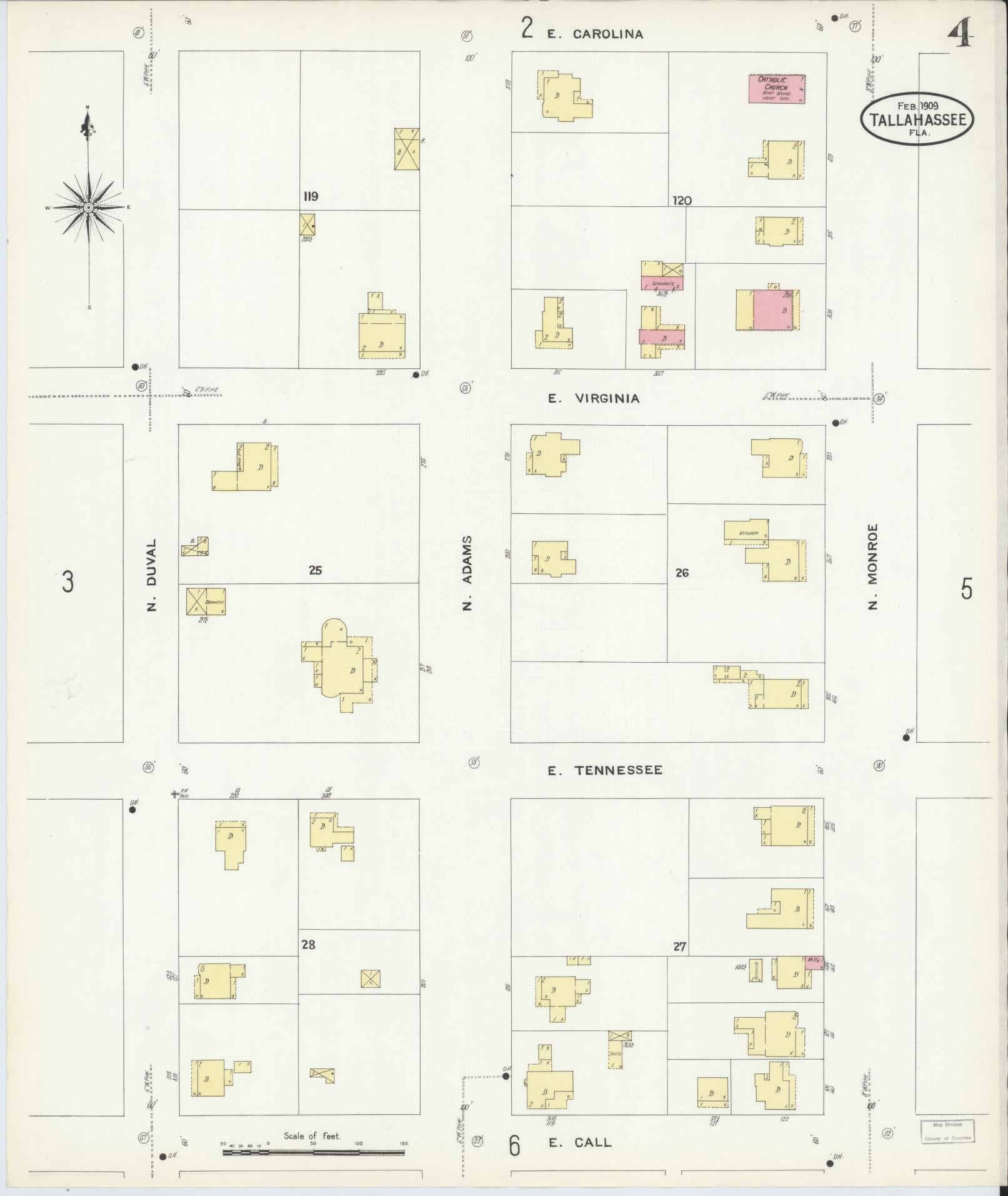 Sanborn Fire Insurance Map from Tallahassee, Leon County, Florida (1909), Sheet #0004 - Complete Map Set gallery image, historic Sanborn map, vintage wall art, Florida Florida