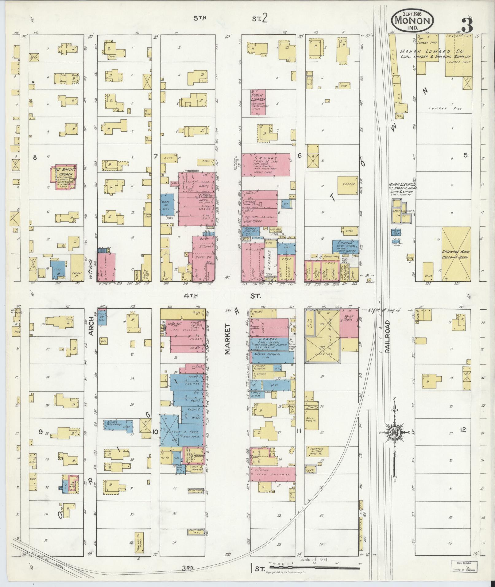 Sanborn Fire Insurance Map from Monon, White County, Indiana (1916), Sheet #0003 - Historic Sanborn Fire Insurance Map Print, vintage old map wall art, antique decor, genealogy gift, Indiana Indiana map