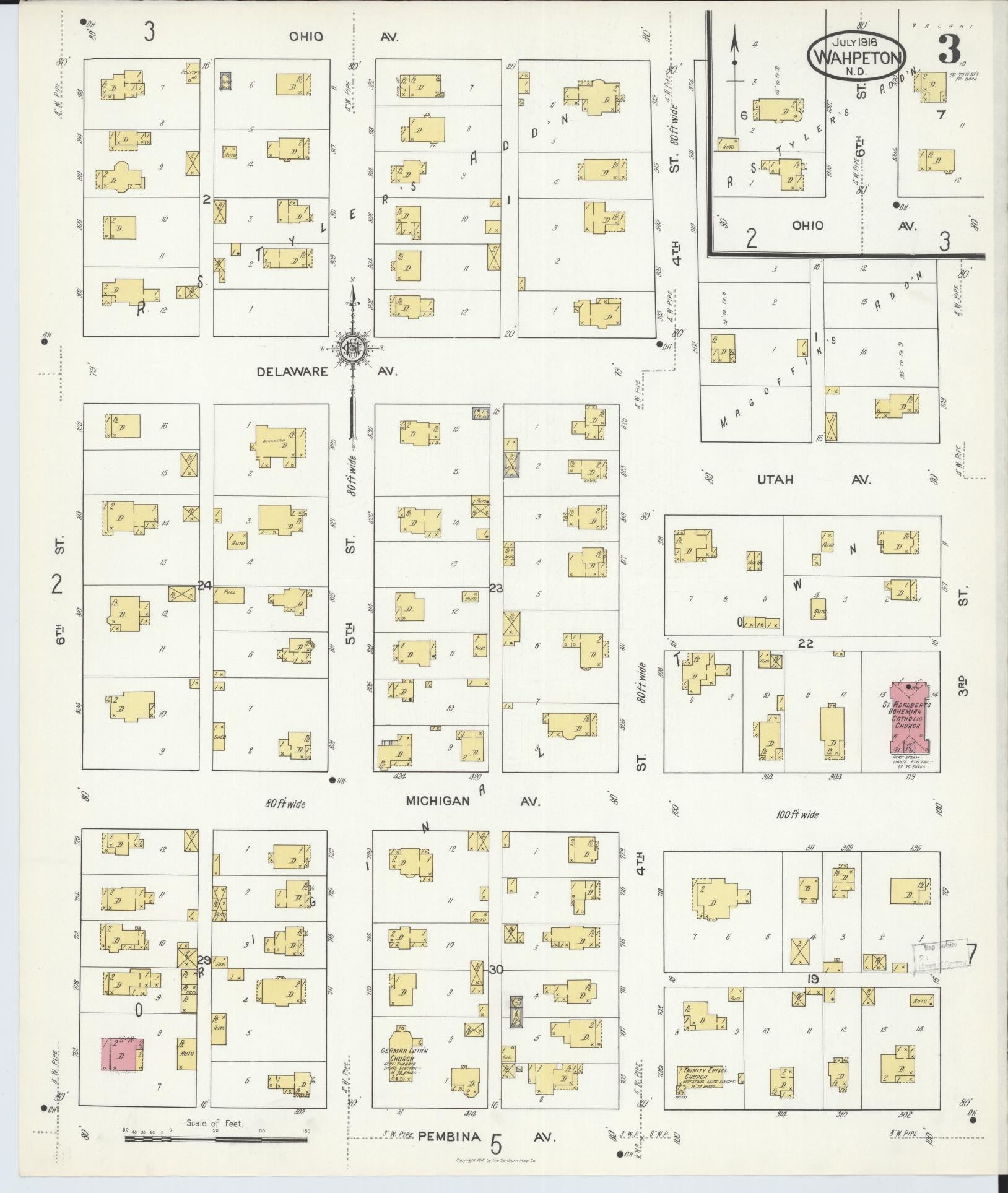 Sanborn Fire Insurance Map from Wahpeton, Richland County, North Dakota (1916), Sheet #0003 - Complete Map Set gallery image, historic Sanborn map, vintage wall art, North Dakota North Dakota