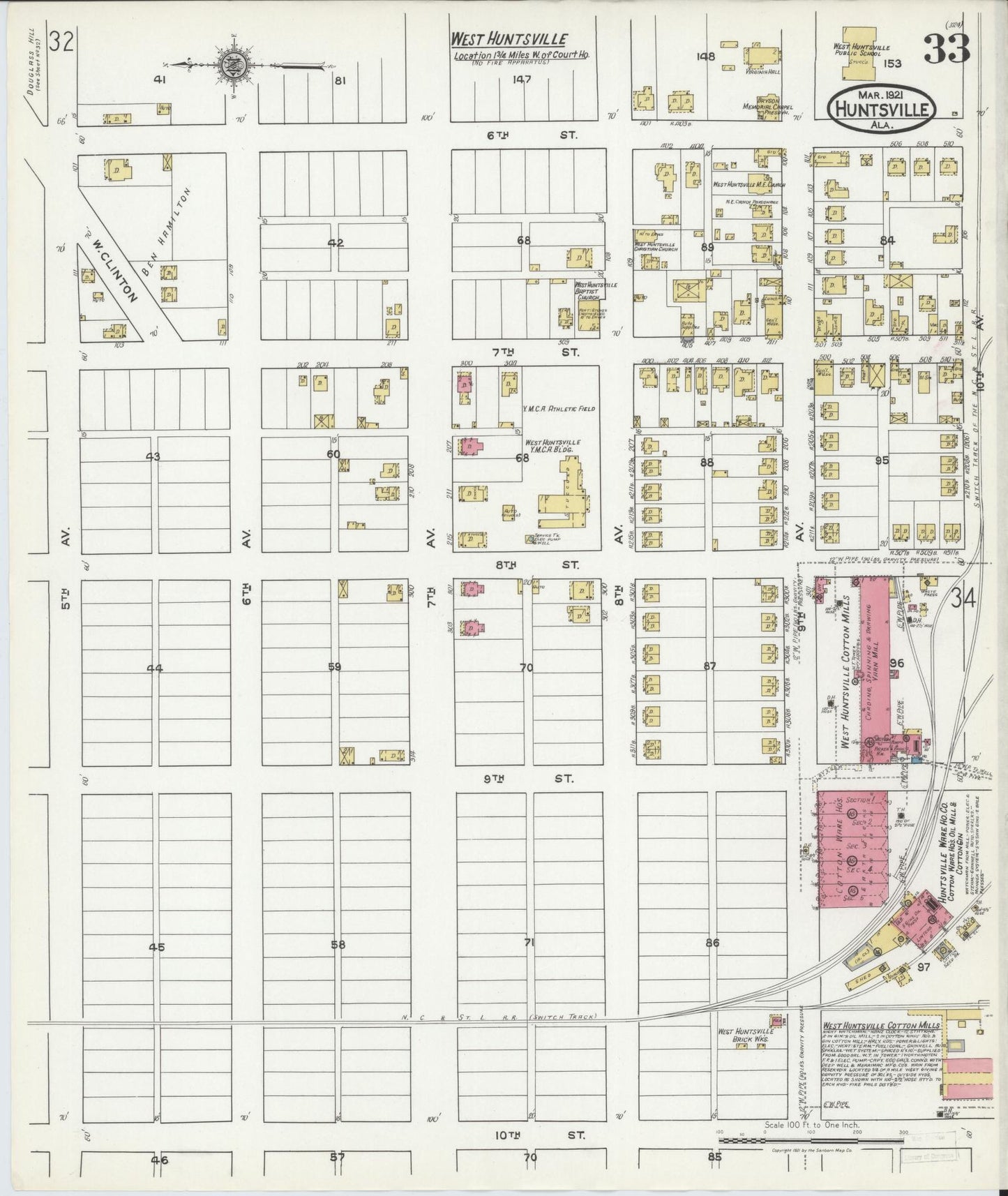Sanborn Fire Insurance Map from Huntsville, Madison County, Alabama (1921), Sheet #0033 - Complete Map Set gallery image, historic Sanborn map, vintage wall art, Alabama Alabama