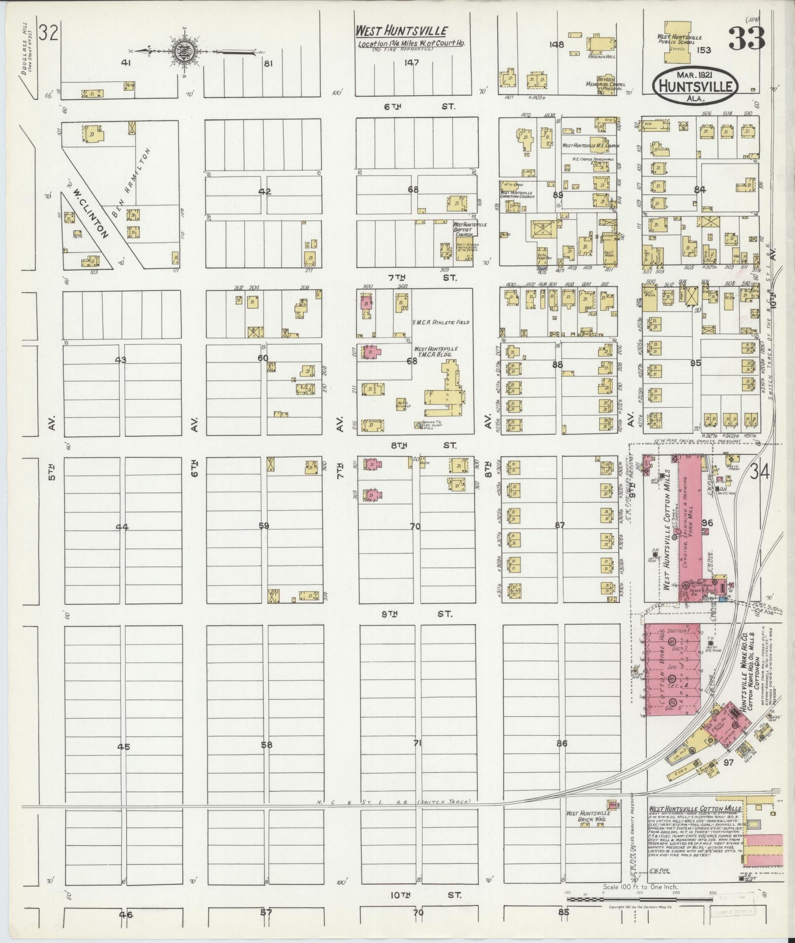 Sanborn Fire Insurance Map from Huntsville, Madison County, Alabama (1921), Sheet #0033 - Complete Map Set gallery image, historic Sanborn map, vintage wall art, Alabama Alabama