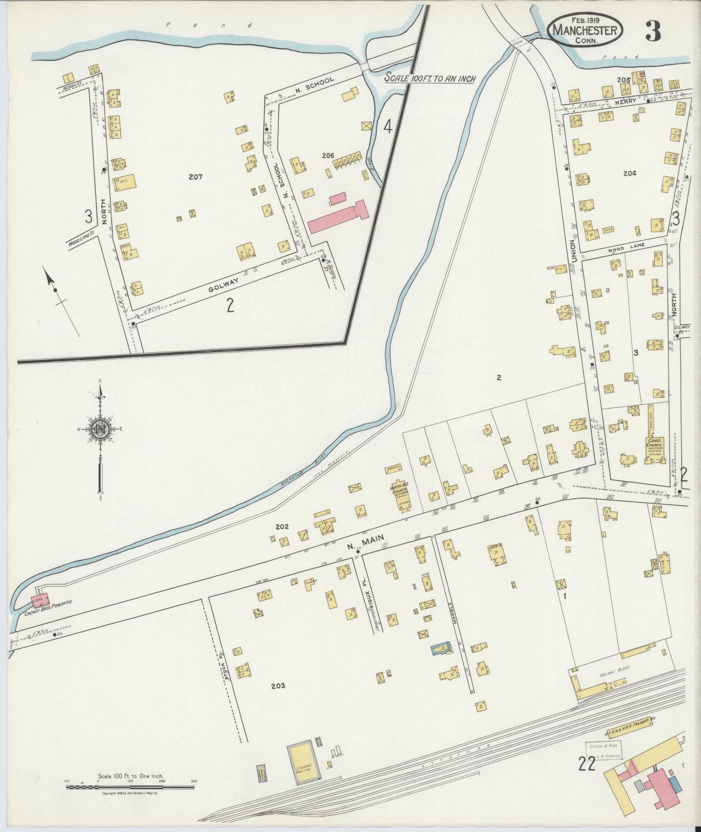 Sanborn Fire Insurance Map from Manchester, Hartford County, Connecticut (1919), Sheet #0003 - Historic Sanborn Fire Insurance Map Print, vintage old map wall art, antique decor, genealogy gift, Connecticut Connecticut map