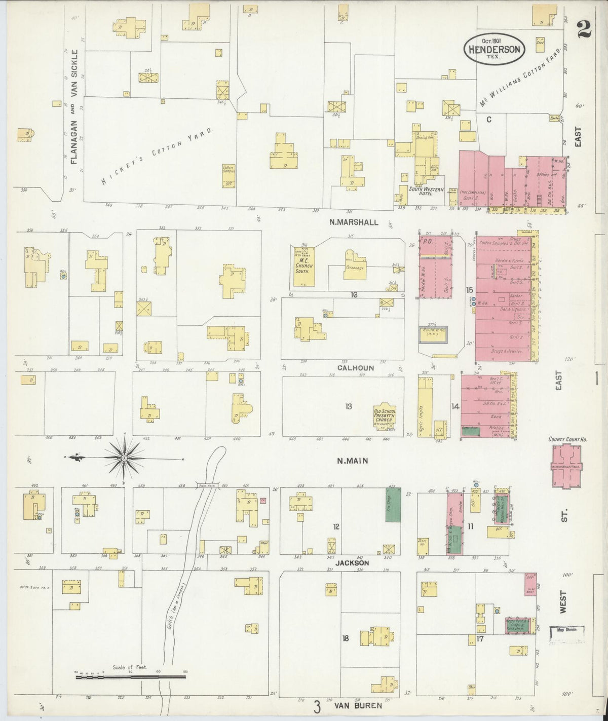 Sanborn Fire Insurance Map from Henderson, Rusk County, Texas (1901), Sheet #0002 - Historic Sanborn Fire Insurance Map Print, vintage old map wall art, antique decor, genealogy gift, Texas Texas map