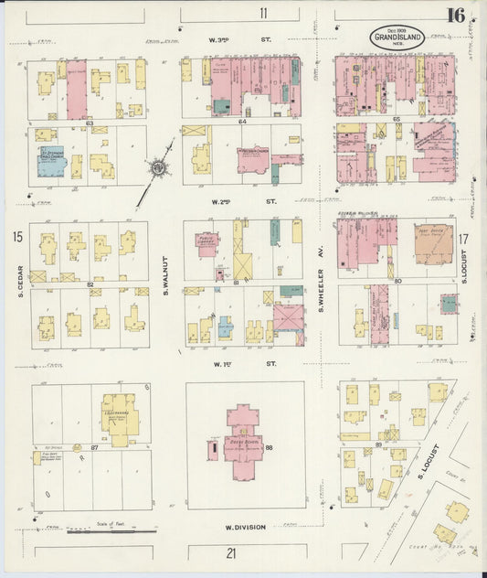 Sanborn Fire Insurance Map from Grand Island, Hall County, Nebraska (1909), Sheet #0016 - Historic Sanborn Fire Insurance Map Print, vintage old map wall art, antique decor, genealogy gift, Nebraska Nebraska map