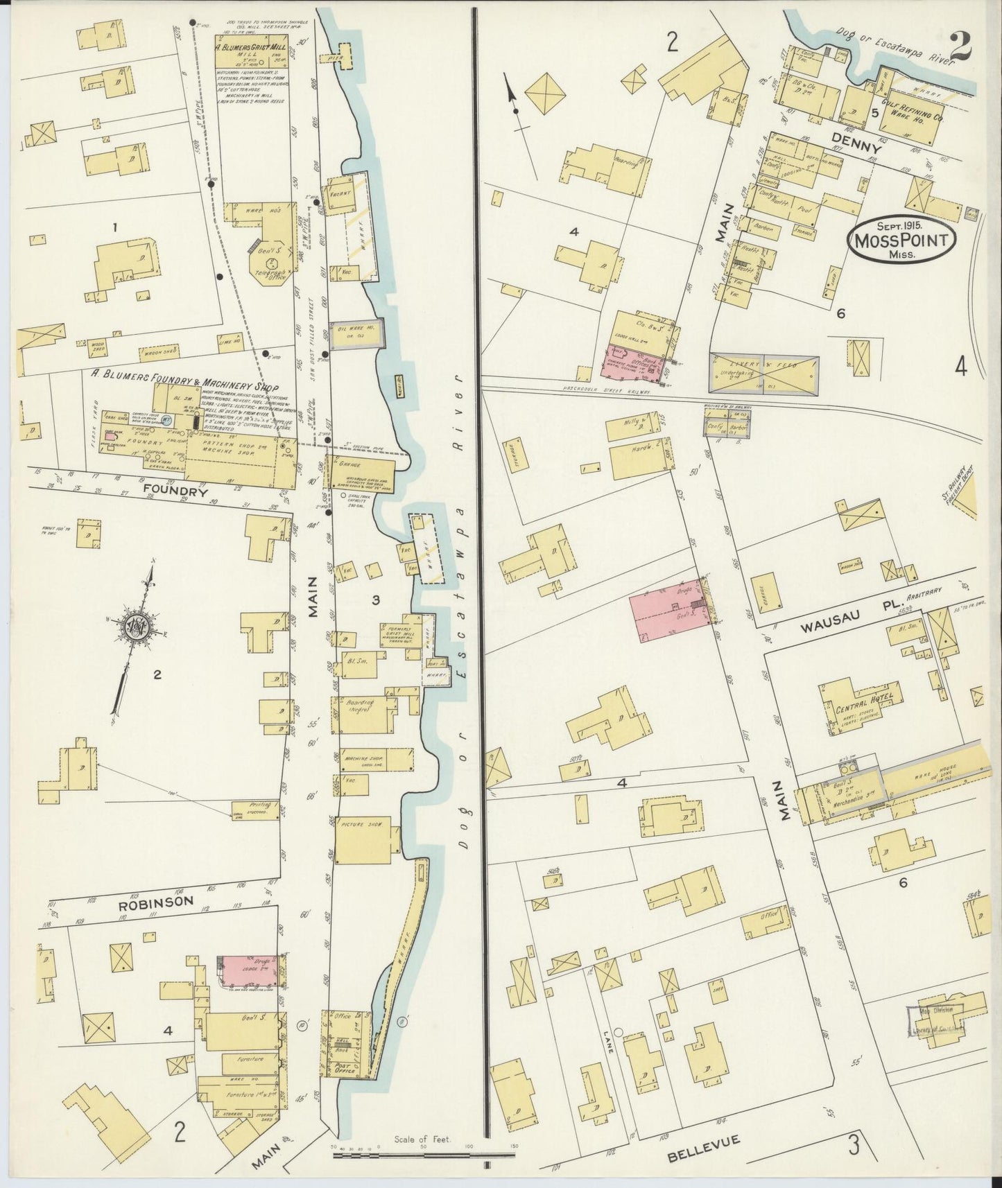 Sanborn Fire Insurance Map from Moss Point, Jackson County, Mississippi (1915), Sheet #0002 - Complete Map Set gallery image, historic Sanborn map, vintage wall art, Mississippi Mississippi