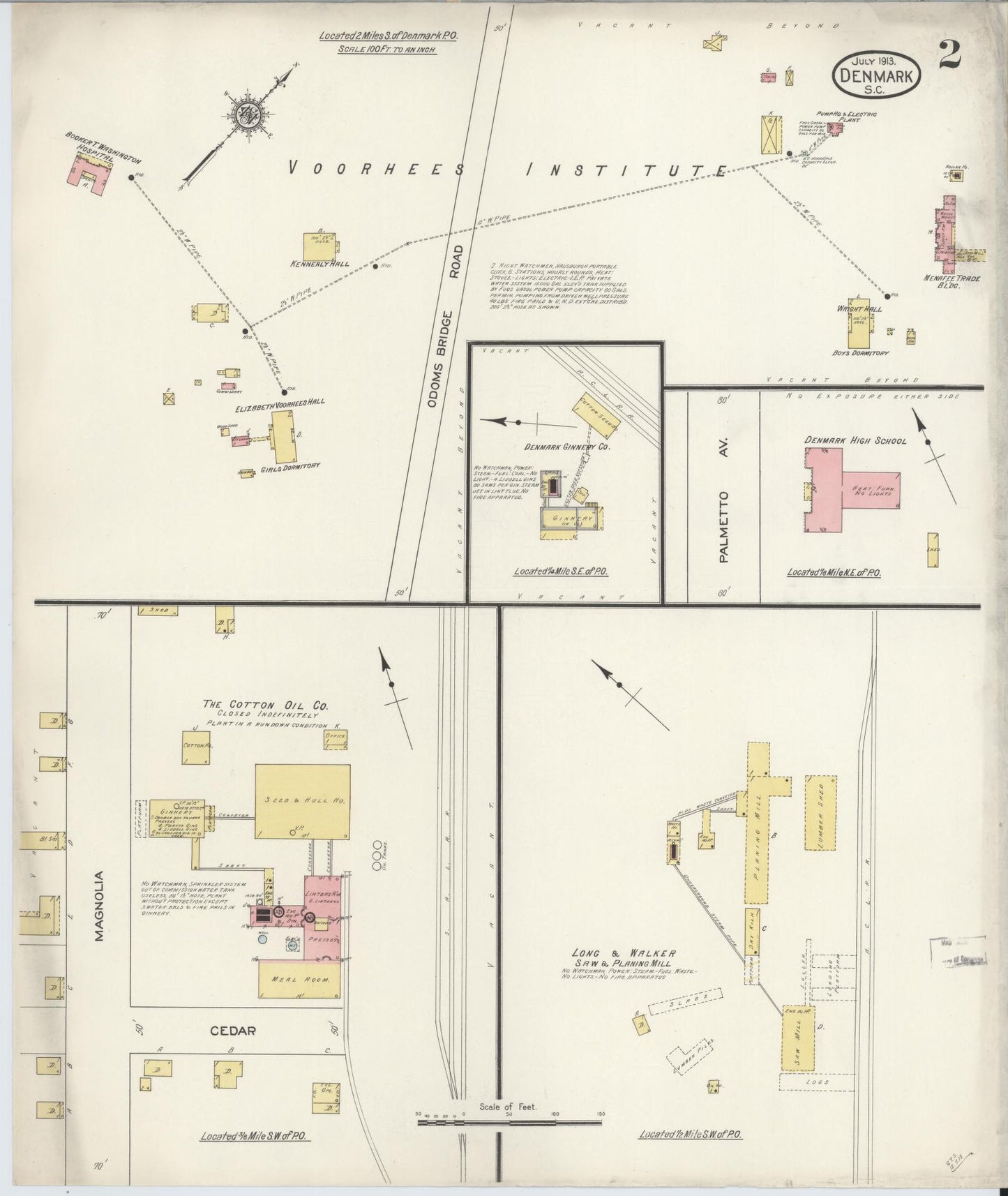 Sanborn Fire Insurance Map from Denmark, Bamberg County, South Carolina (1913), Sheet #0002 - Historic Sanborn Fire Insurance Map Print, vintage old map wall art, antique decor, genealogy gift, South Carolina South Carolina map