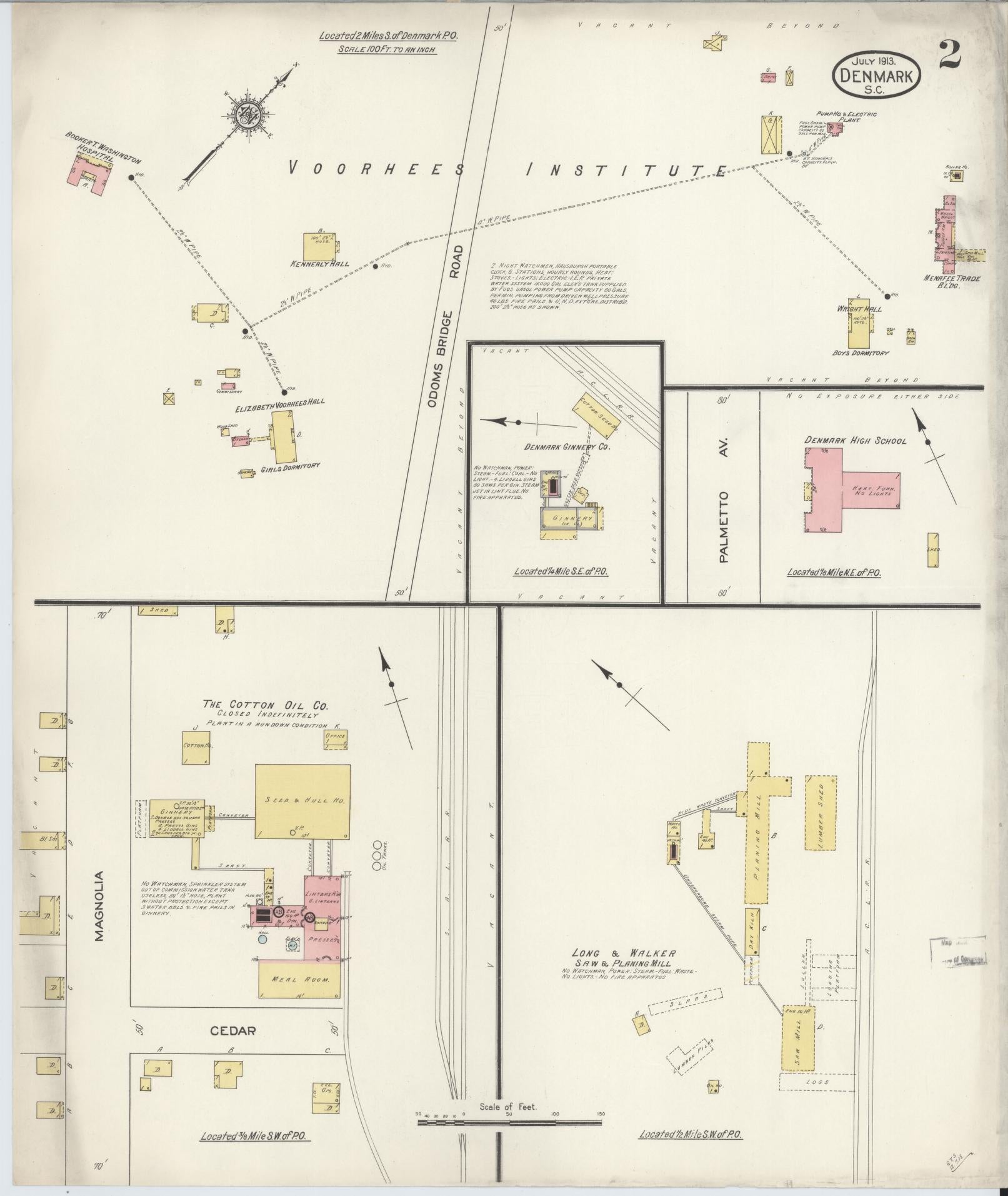Sanborn Fire Insurance Map from Denmark, Bamberg County, South Carolina (1913), Sheet #0002 - Historic Sanborn Fire Insurance Map Print, vintage old map wall art, antique decor, genealogy gift, South Carolina South Carolina map