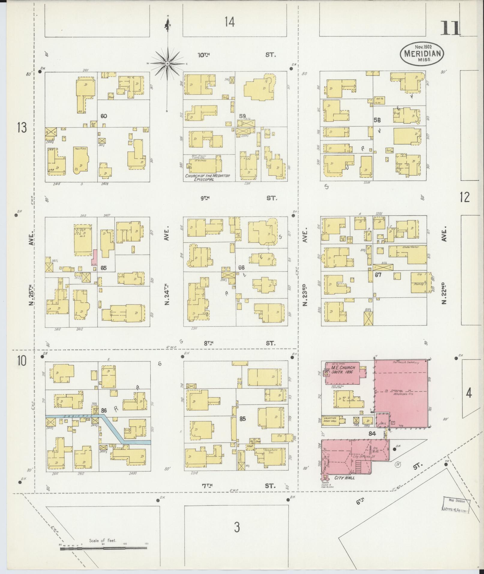 Sanborn Fire Insurance Map from Meridian, Lauderdale County, Mississippi (1902), Sheet #0011 - Complete Map Set gallery image, historic Sanborn map, vintage wall art, Mississippi Mississippi