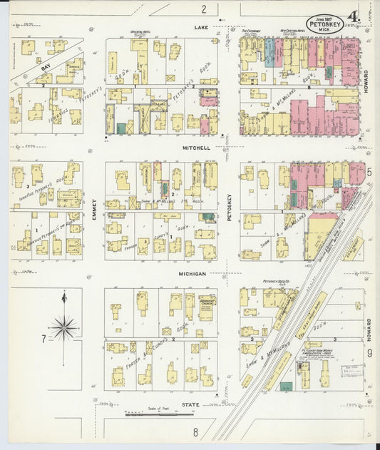 Sanborn Fire Insurance Map from Petoskey, Emmet County, Michigan (1907), Sheet #0004 - Historic Sanborn Fire Insurance Map Print, vintage old map wall art, antique decor, genealogy gift, Michigan Michigan map