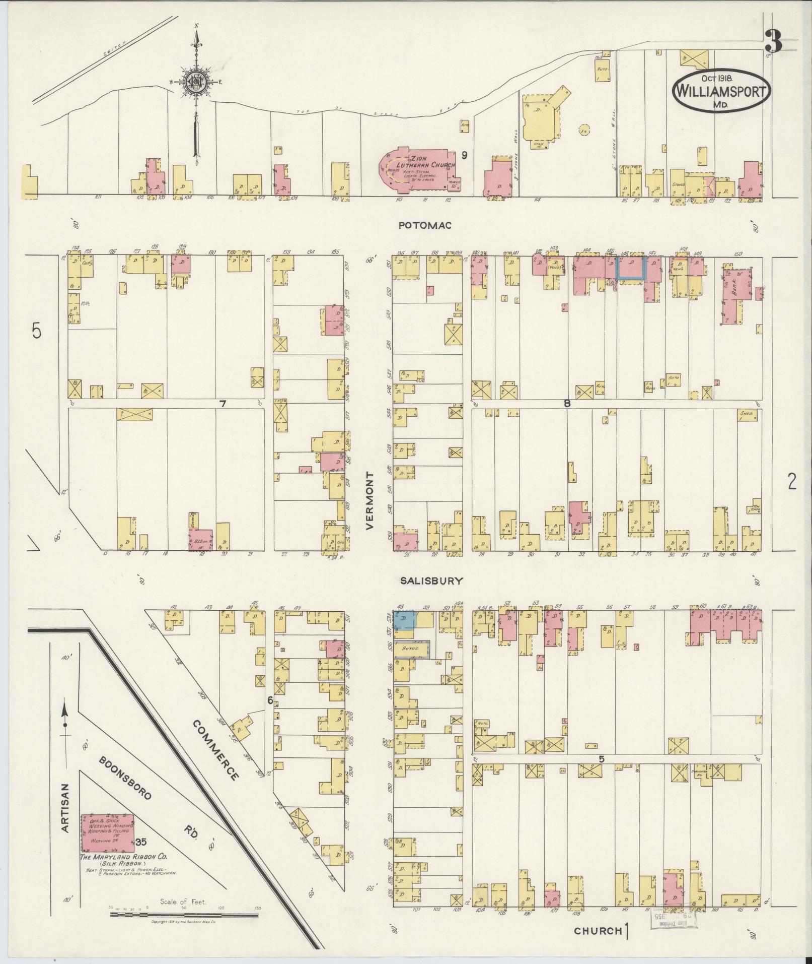 Sanborn Fire Insurance Map from Williamsport, Washington County, Maryland (1918), Sheet #0003 - Historic Sanborn Fire Insurance Map Print, vintage old map wall art, antique decor, genealogy gift, Maryland Maryland map
