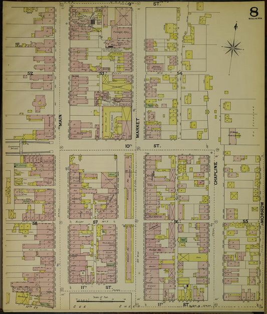 Sanborn Fire Insurance Map from Wheeling, Ohio County, West Virginia (1890), Sheet #0008 - Historic Sanborn Fire Insurance Map Print, vintage old map wall art, antique decor, genealogy gift, West Virginia West Virginia map