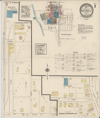 Sanborn Fire Insurance Map from Westerville, Franklin County, Ohio (1922), Sheet #0001 - Historic Sanborn Fire Insurance Map Print, vintage old map wall art, antique decor, genealogy gift, Ohio Ohio map