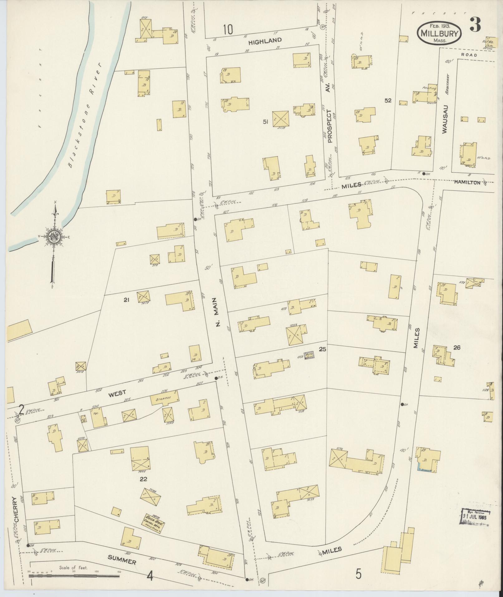 Sanborn Fire Insurance Map from Millbury, Worcester County, Massachusetts (1913), Sheet #0003 - Historic Sanborn Fire Insurance Map Print, vintage old map wall art, antique decor, genealogy gift, Massachusetts Massachusetts map