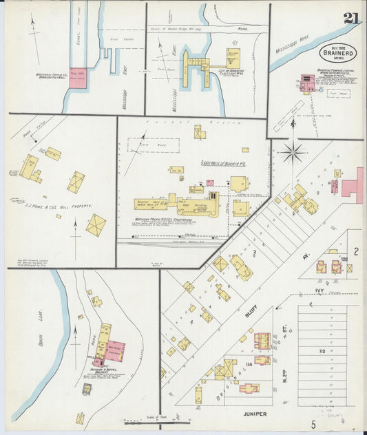 Sanborn Fire Insurance Map from Brainerd, Crow Wing County, Minnesota (1902), Sheet #0021 - Historic Sanborn Fire Insurance Map Print, vintage old map wall art, antique decor, genealogy gift, Minnesota Minnesota map