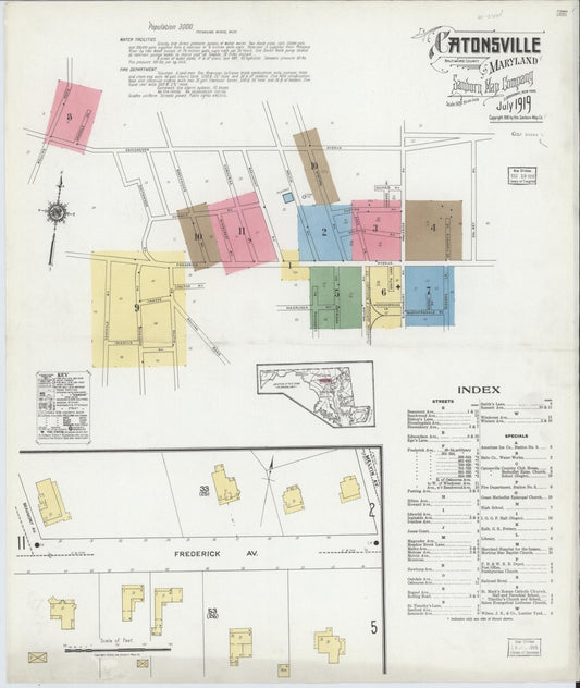 Sanborn Fire Insurance Map from Catonsville, Baltimore County, Maryland (1919), Sheet #0001 - Historic Sanborn Fire Insurance Map Print, vintage old map wall art, antique decor, genealogy gift, Maryland Maryland map