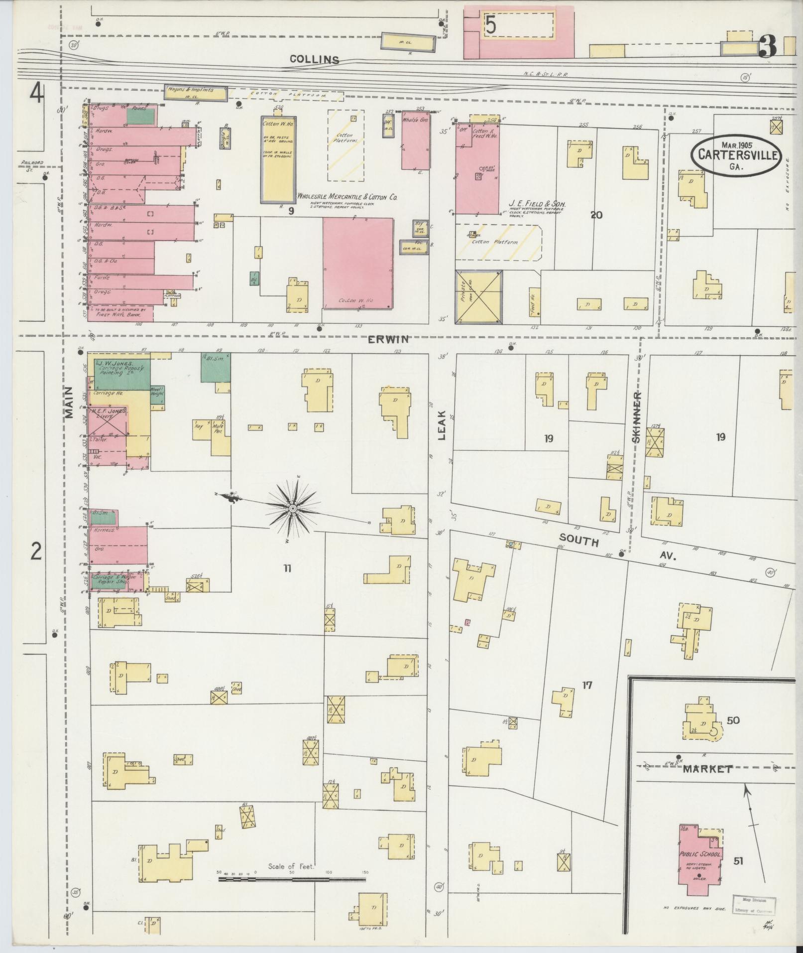 Sanborn Fire Insurance Map from Cartersville, Bartow County, Georgia (1905), Sheet #0003 - Complete Map Set gallery image, historic Sanborn map, vintage wall art, Georgia Georgia