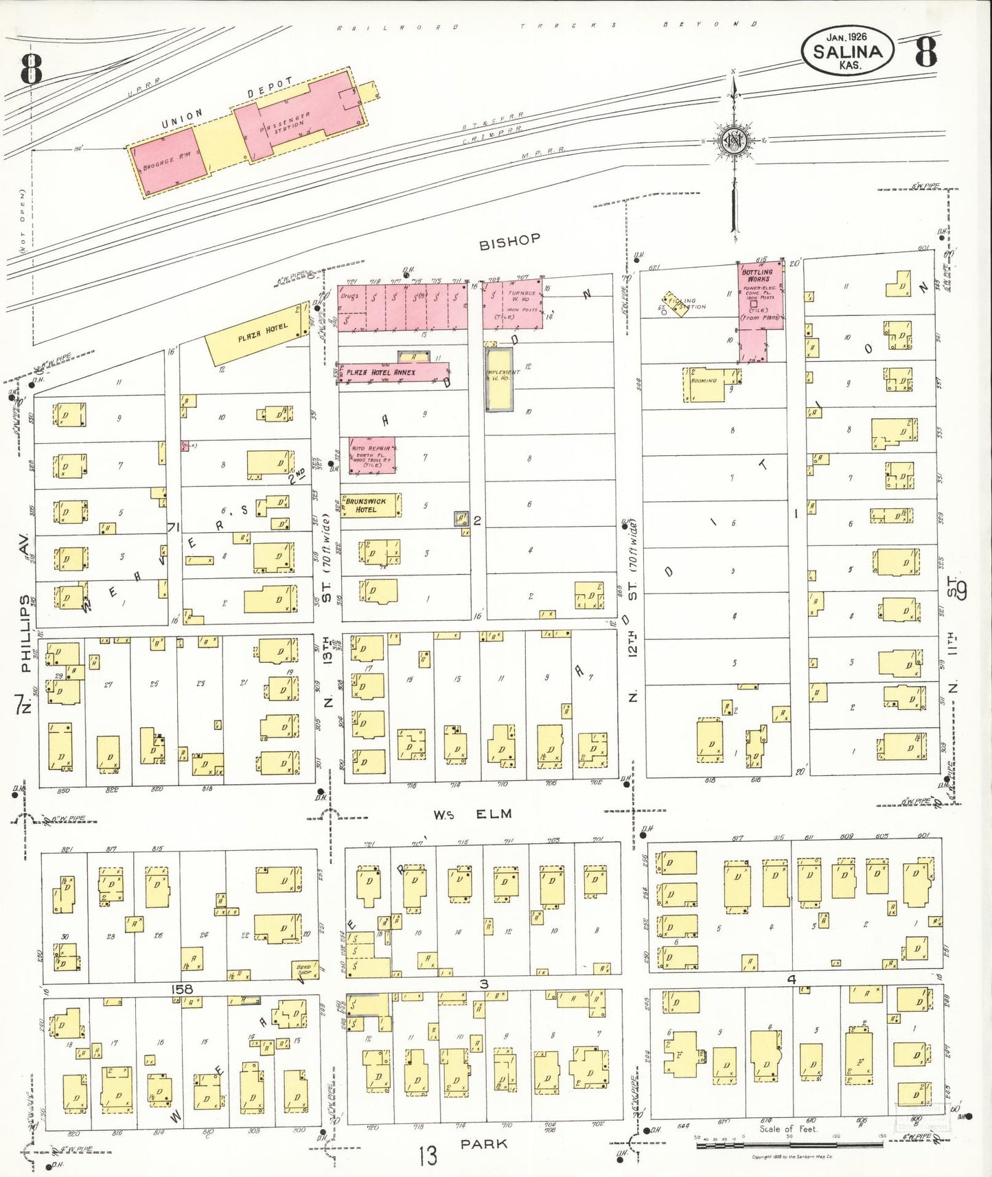 Sanborn Fire Insurance Map from Salina, Saline County, Kansas (1926), Sheet #0008 - Historic Sanborn Fire Insurance Map Print, vintage old map wall art, antique decor, genealogy gift, Kansas Kansas map