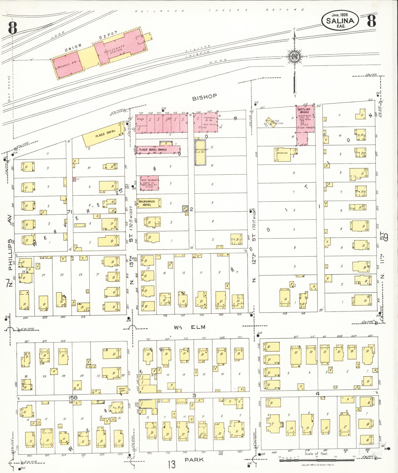 Sanborn Fire Insurance Map from Salina, Saline County, Kansas (1926), Sheet #0008 - Historic Sanborn Fire Insurance Map Print, vintage old map wall art, antique decor, genealogy gift, Kansas Kansas map