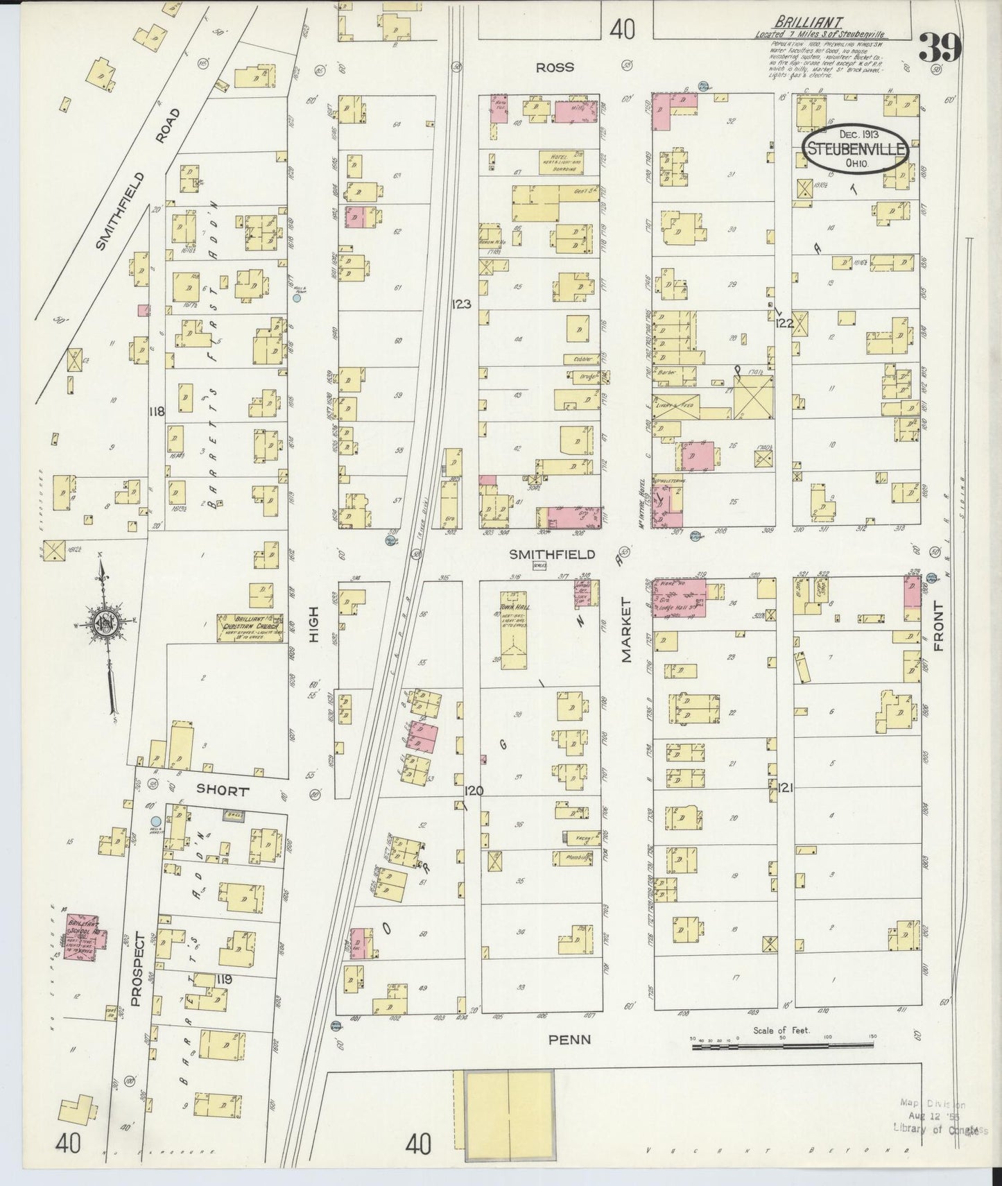 Sanborn Fire Insurance Map from Steubenville, Jefferson County, Ohio (1913), Sheet #0039 - Historic Sanborn Fire Insurance Map Print, vintage old map wall art, antique decor, genealogy gift, Ohio Ohio map