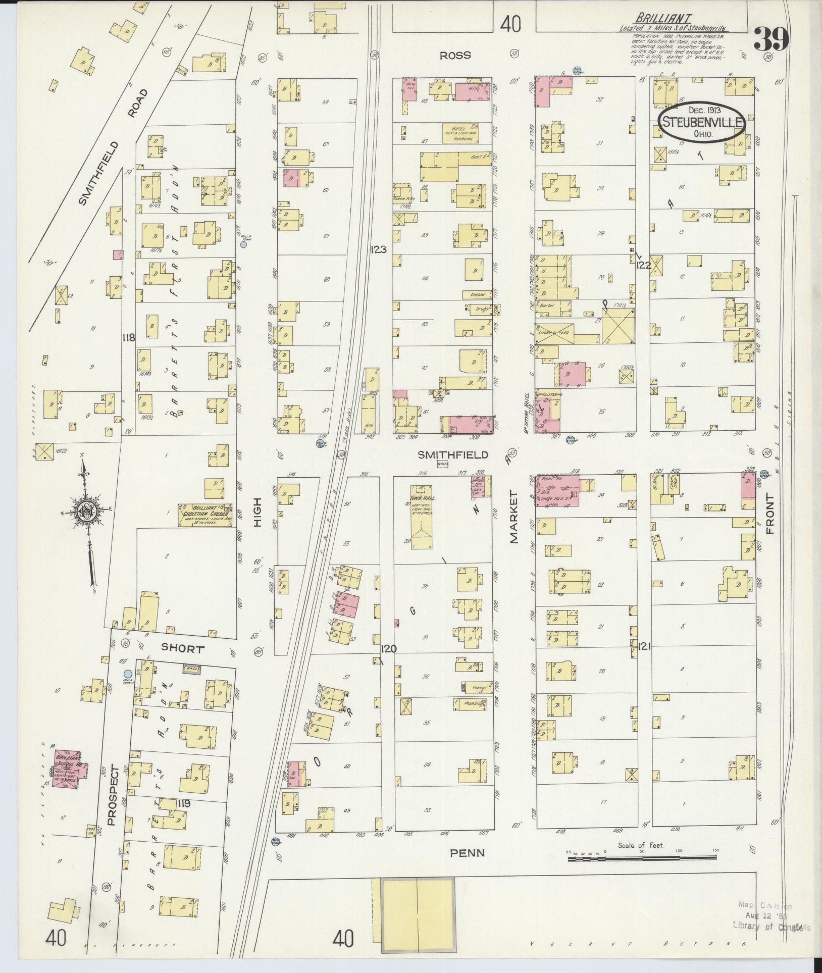 Sanborn Fire Insurance Map from Steubenville, Jefferson County, Ohio (1913), Sheet #0039 - Historic Sanborn Fire Insurance Map Print, vintage old map wall art, antique decor, genealogy gift, Ohio Ohio map