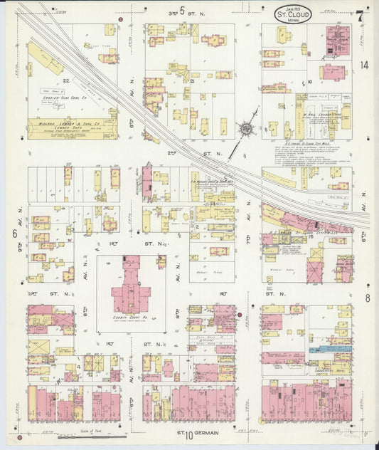 Sanborn Fire Insurance Map from Saint Cloud, Stearns, Benton, and Sherburne Counties, Minnesota (1913), Sheet #0007 - Historic Sanborn Fire Insurance Map Print, vintage old map wall art, antique decor, genealogy gift, Minnesota Minnesota map