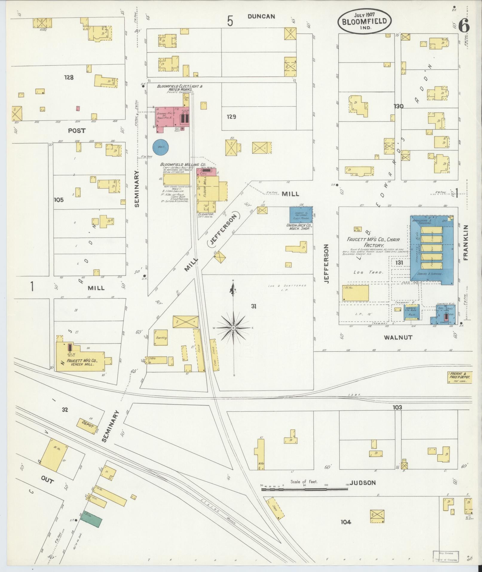 Sanborn Fire Insurance Map from Bloomfield, Greene County, Indiana (1907), Sheet #0006 - Complete Map Set gallery image, historic Sanborn map, vintage wall art, Indiana Indiana
