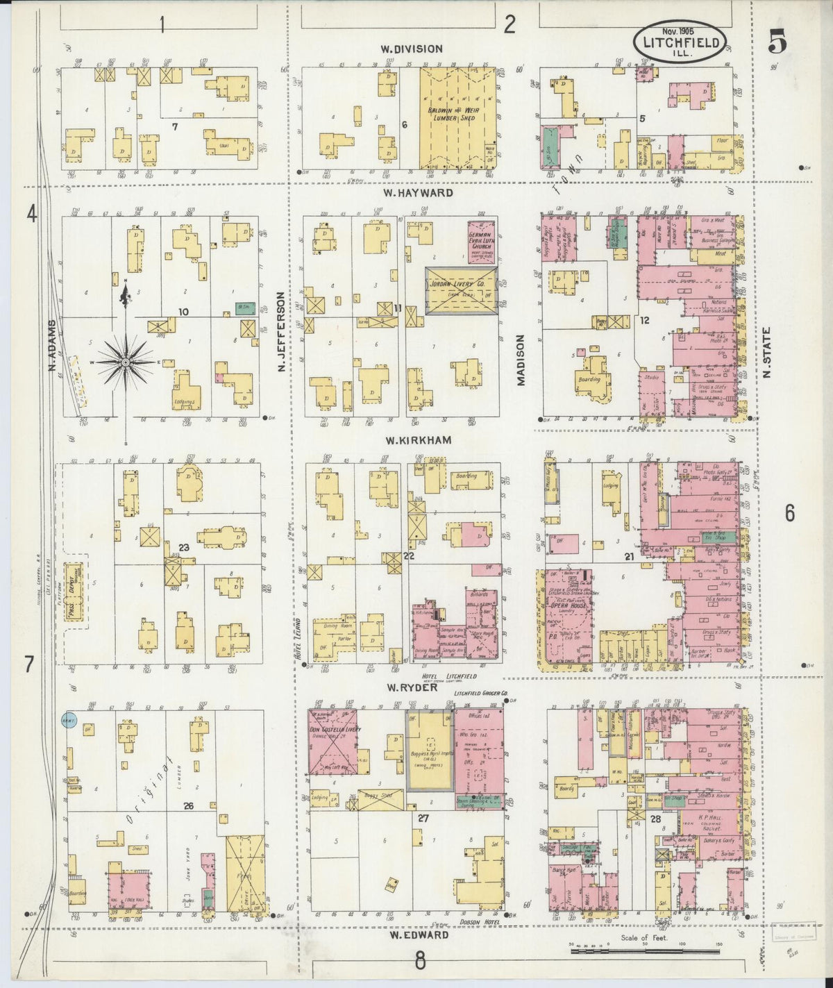 Sanborn Fire Insurance Map from Litchfield, Montgomery County, Illinois (1905), Sheet #0005 - Complete Map Set gallery image, historic Sanborn map, vintage wall art, Illinois Illinois