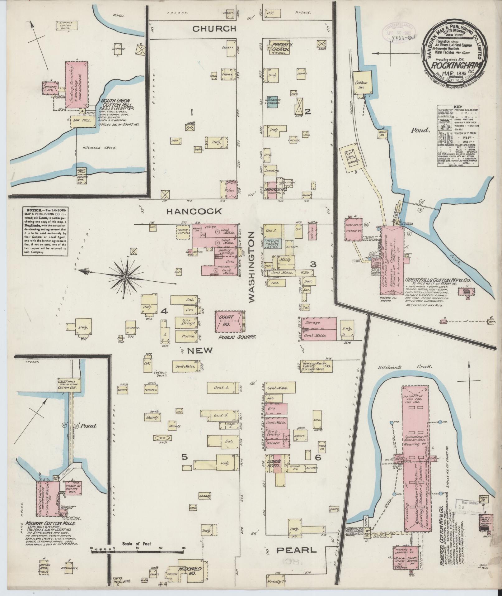 Sanborn Fire Insurance Map from Rockingham, Richmond County, North Carolina (1885), Sheet #0001 - Historic Sanborn Fire Insurance Map Print, vintage old map wall art, antique decor, genealogy gift, North Carolina North Carolina map