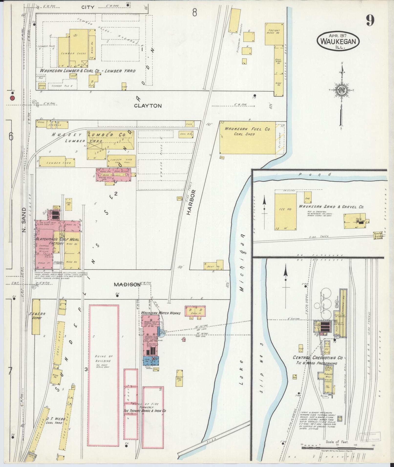 Sanborn Fire Insurance Map from Waukegan, Lake County, Illinois (1917), Sheet #0009 - Complete Map Set gallery image, historic Sanborn map, vintage wall art, Illinois Illinois