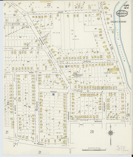 Sanborn Fire Insurance Map from Warren, Trumbull County, Ohio (1915), Sheet #0027 - Historic Sanborn Fire Insurance Map Print, vintage old map wall art, antique decor, genealogy gift, Ohio Ohio map