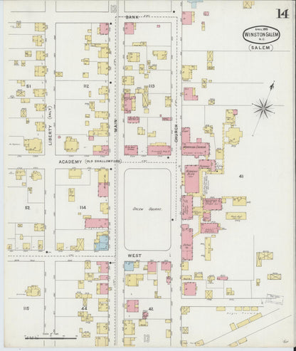 Sanborn Fire Insurance Map from Winston-Salem, Forsyth County, North Carolina (1895), Sheet #0014 - Historic Sanborn Fire Insurance Map Print, vintage old map wall art, antique decor, genealogy gift, North Carolina North Carolina map