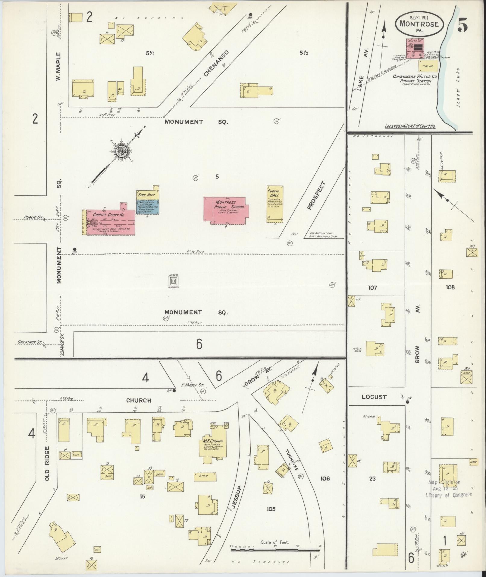 Sanborn Fire Insurance Map from Montrose, Susquehanna County, Pennsylvania (1911), Sheet #0005 - Historic Sanborn Fire Insurance Map Print, vintage old map wall art, antique decor, genealogy gift, Pennsylvania Pennsylvania map