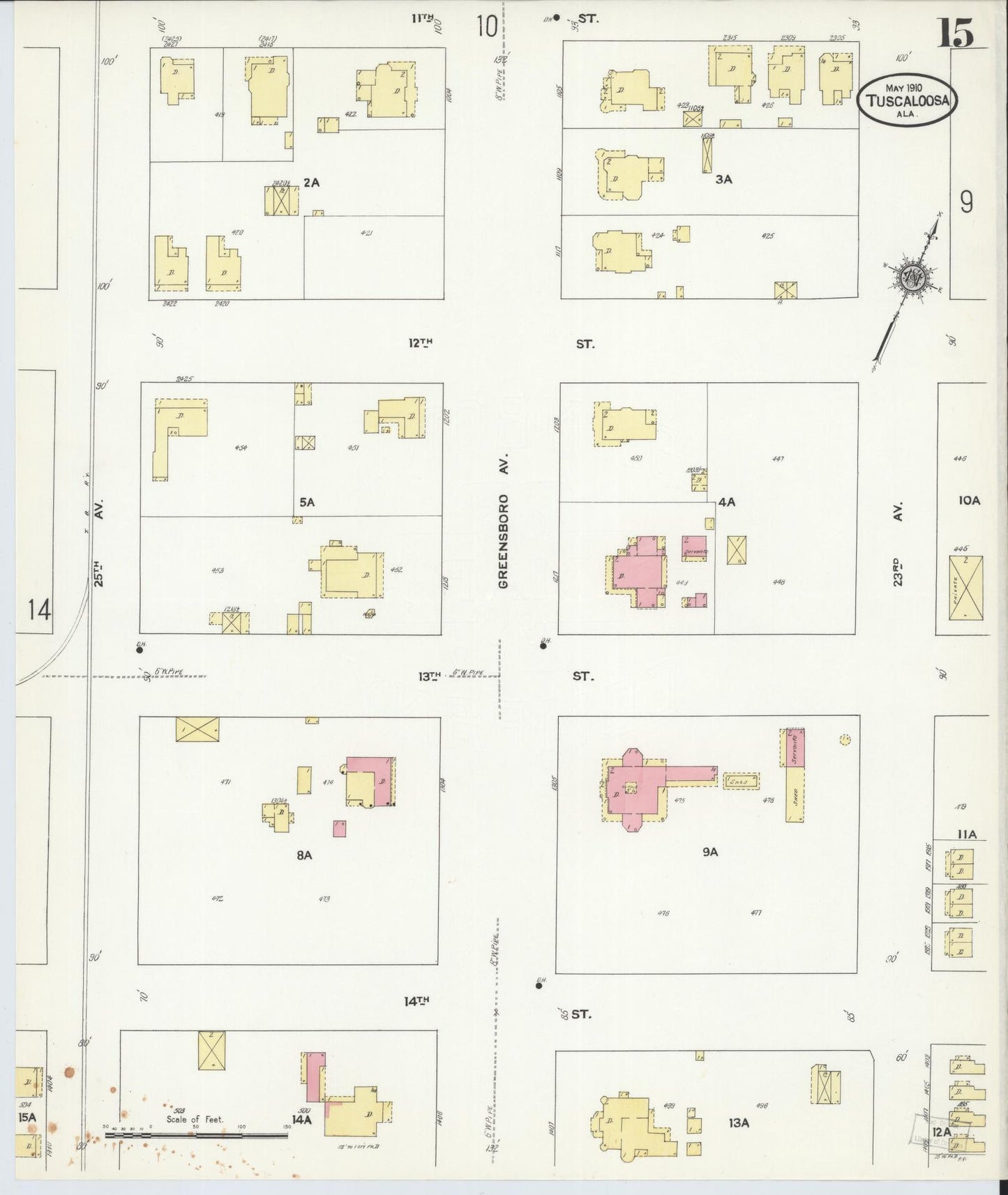 Sanborn Fire Insurance Map from Tuscaloosa, Tuscaloosa County, Alabama (1910), Sheet #0015 - Complete Map Set gallery image, historic Sanborn map, vintage wall art, Alabama Alabama
