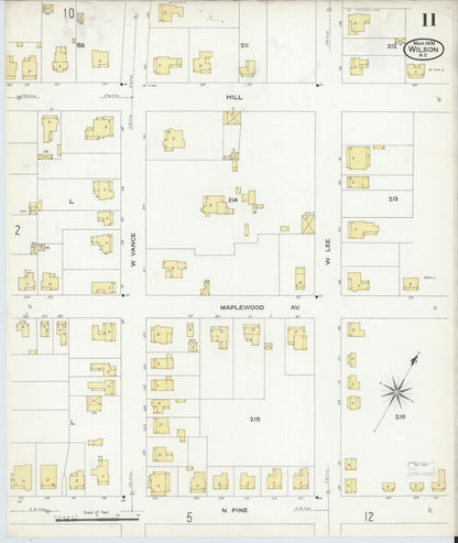 Sanborn Fire Insurance Map from Wilson, Wilson County, North Carolina (1908), Sheet #0011 - Historic Sanborn Fire Insurance Map Print, vintage old map wall art, antique decor, genealogy gift, North Carolina North Carolina map
