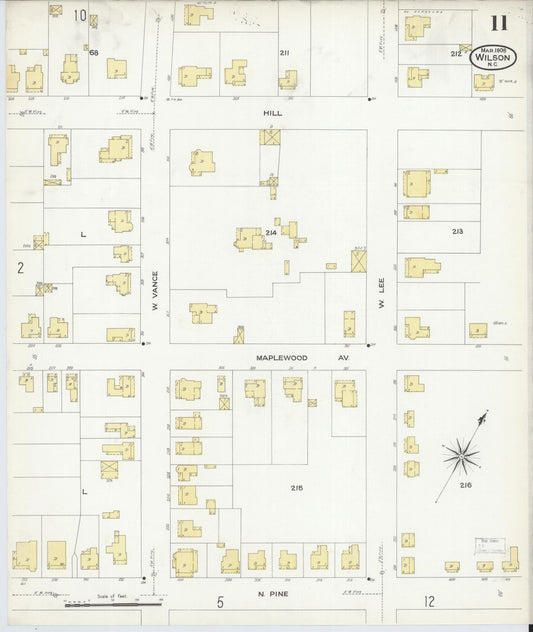 Sanborn Fire Insurance Map from Wilson, Wilson County, North Carolina (1908), Sheet #0011 - Historic Sanborn Fire Insurance Map Print, vintage old map wall art, antique decor, genealogy gift, North Carolina North Carolina map