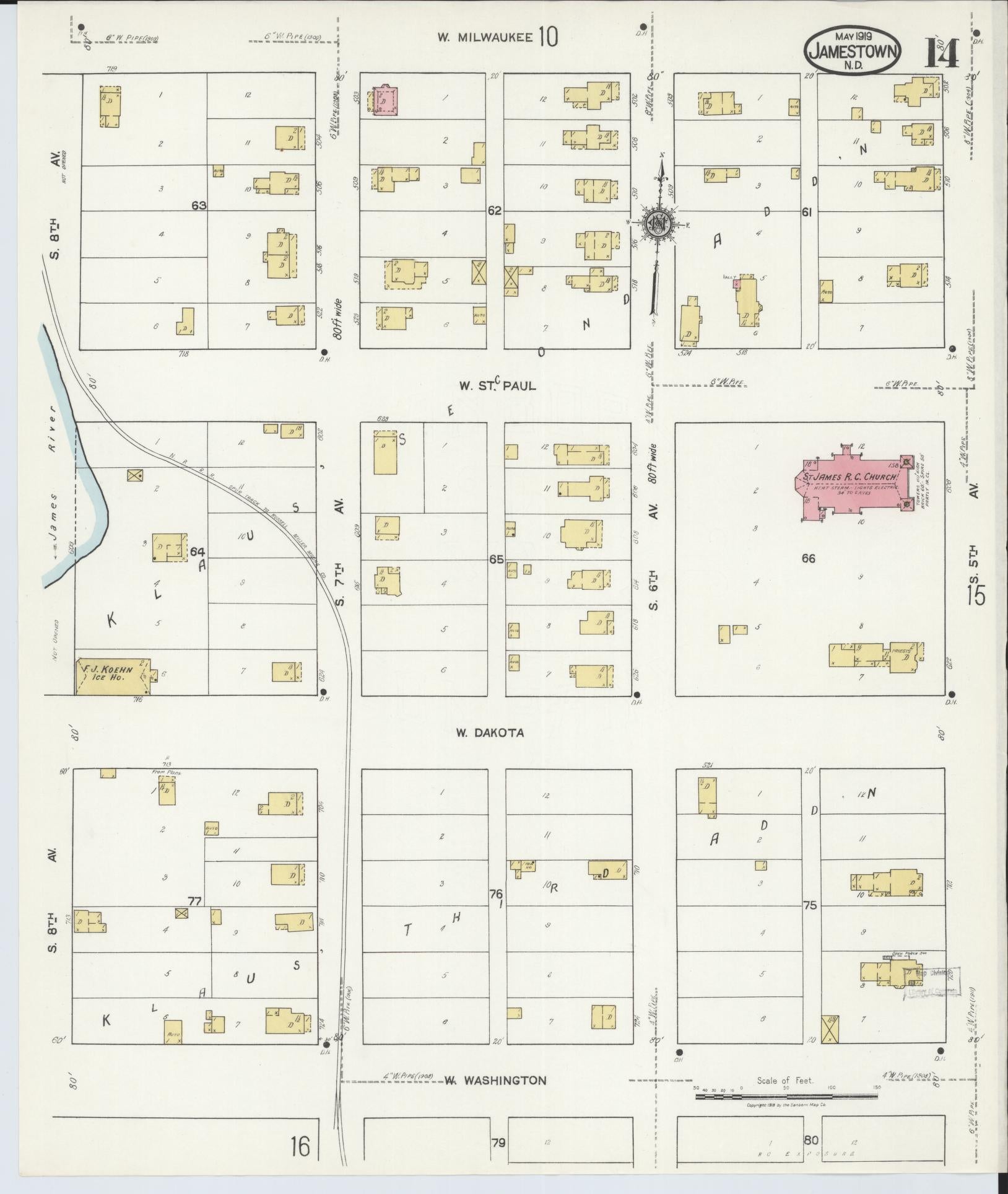 Sanborn Fire Insurance Map from Jamestown, Stutsman County, North Dakota (1919), Sheet #0014 - Complete Map Set gallery image, historic Sanborn map, vintage wall art, North Dakota North Dakota