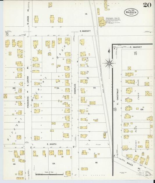 Sanborn Fire Insurance Map from Warren, Trumbull County, Ohio (1908), Sheet #0020 - Historic Sanborn Fire Insurance Map Print, vintage old map wall art, antique decor, genealogy gift, Ohio Ohio map